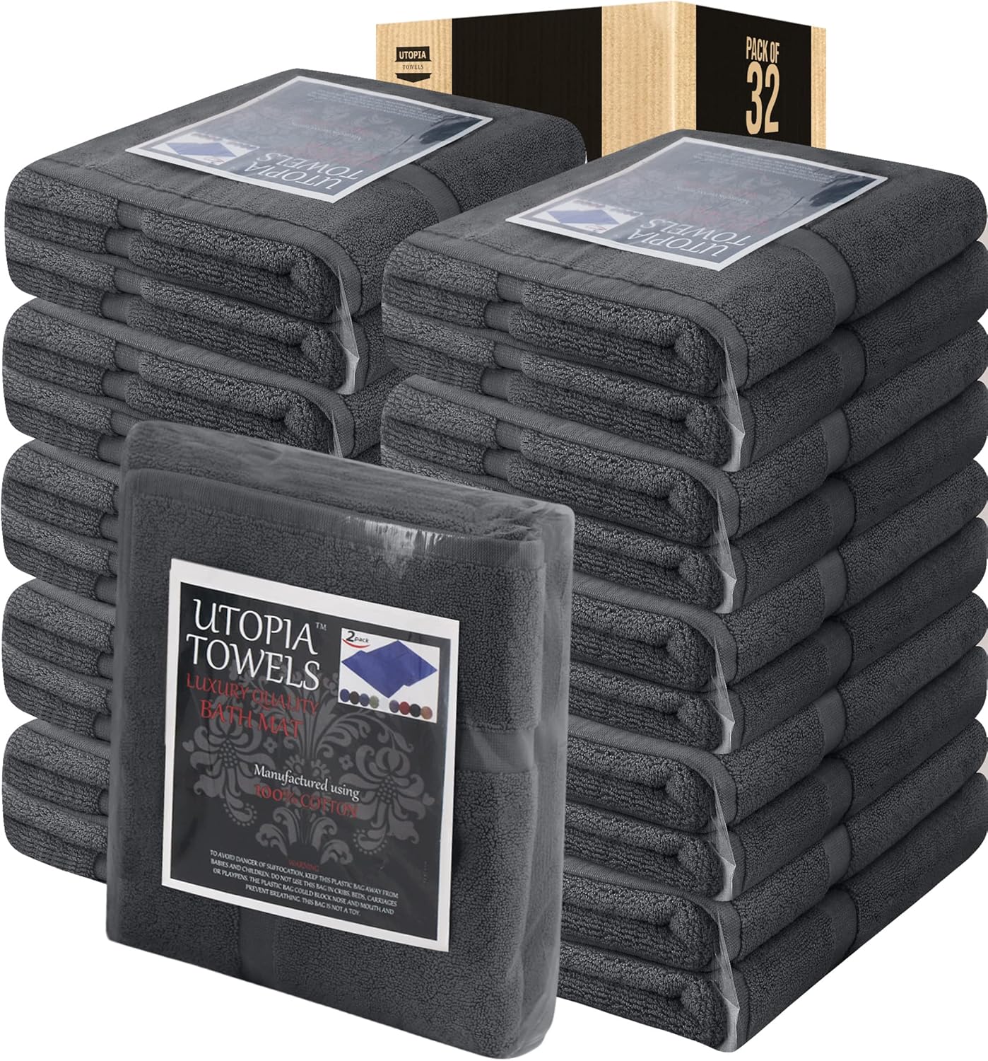 Utopia Towels Cotton Banded Rug Bath Mats, [Not a Bathroom Rug] 21x34 Inches, 100% Ring Spun Cotton - Highly Absorbent and Machine Washable Shower Bathroom Floor Towel, Grey, 32 Pack