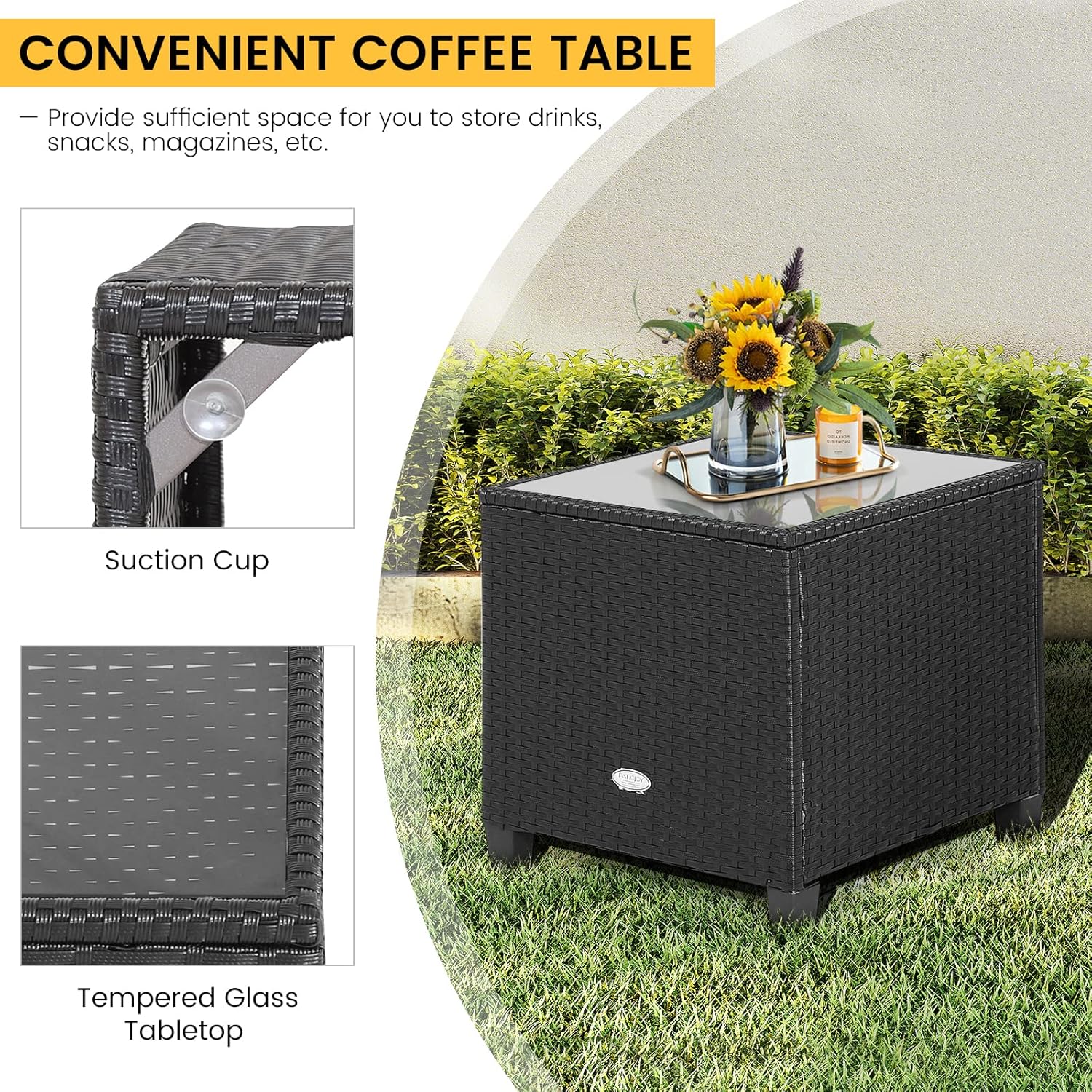 Costway 3 Piece Outdoor Wicker Sofa Set, Patio Rattan Conversation Set, Sturdy Tempered Glass Tabletop, Heavy-Duty Steel Structure, Weatherproof Wicker Set for Poolside, Backyard (Grey)