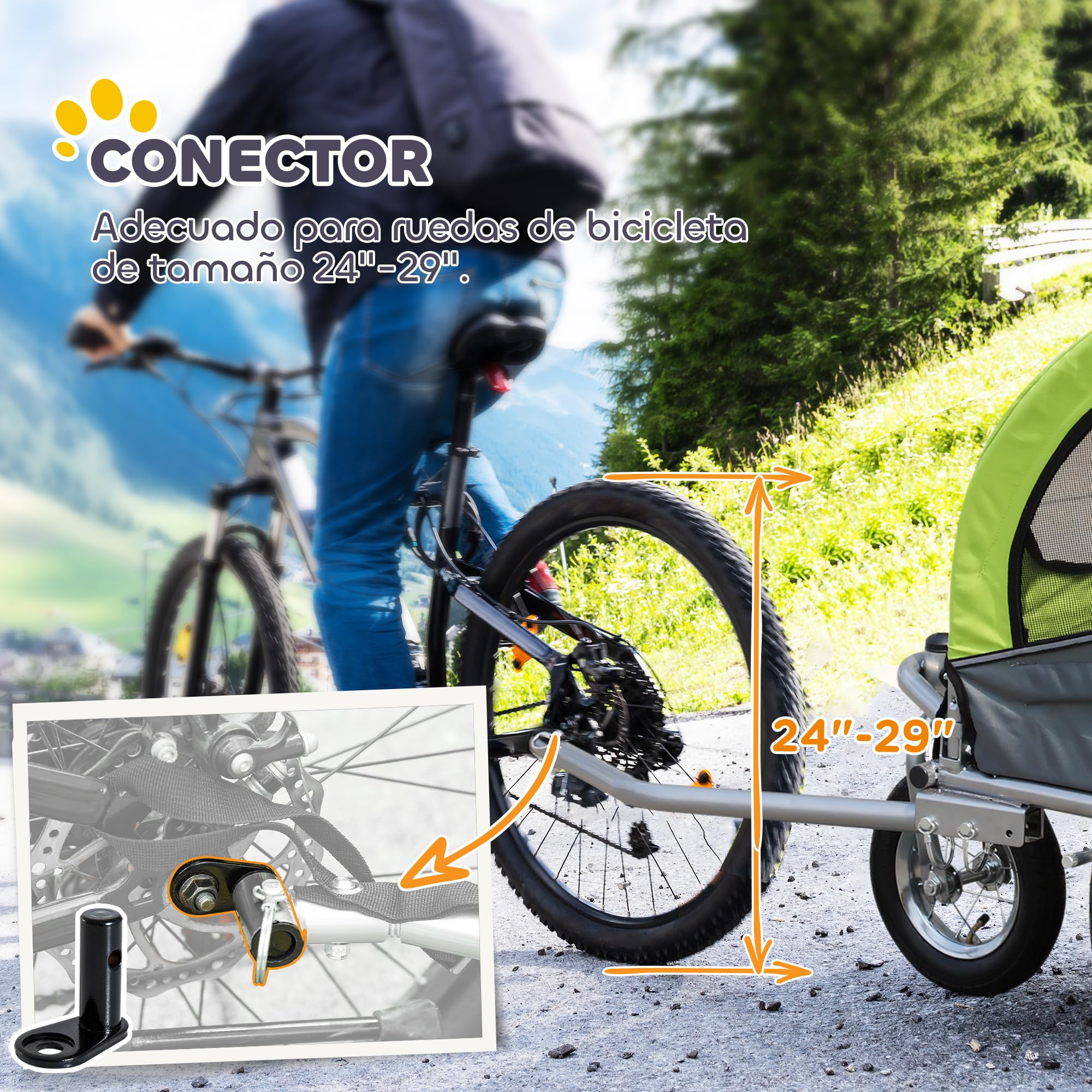 Pawhut Remolque Bicicleta Perros Carro Cochecito para Transporte Mascota 2 en 1 con Barra de Paseo Amortiguador Rueda Giratoria 360° Reflectores Carga Máx. 30kg
