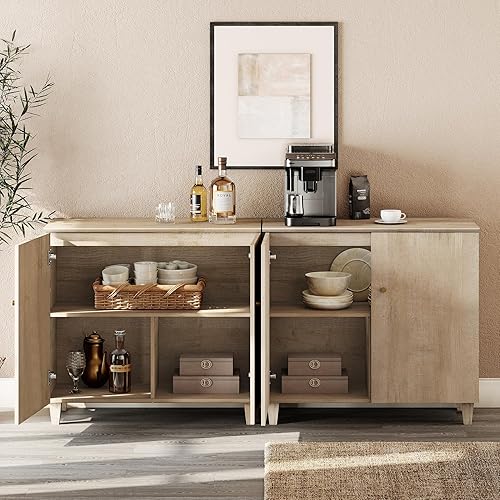 Miniatura 4 de WAMPAT Aparadores de buffet, mesa consola de madera Credenza de 70.8 pulgadas de ancho con 4 puertas, armarios de almacenamiento 2 en 1 modernos y