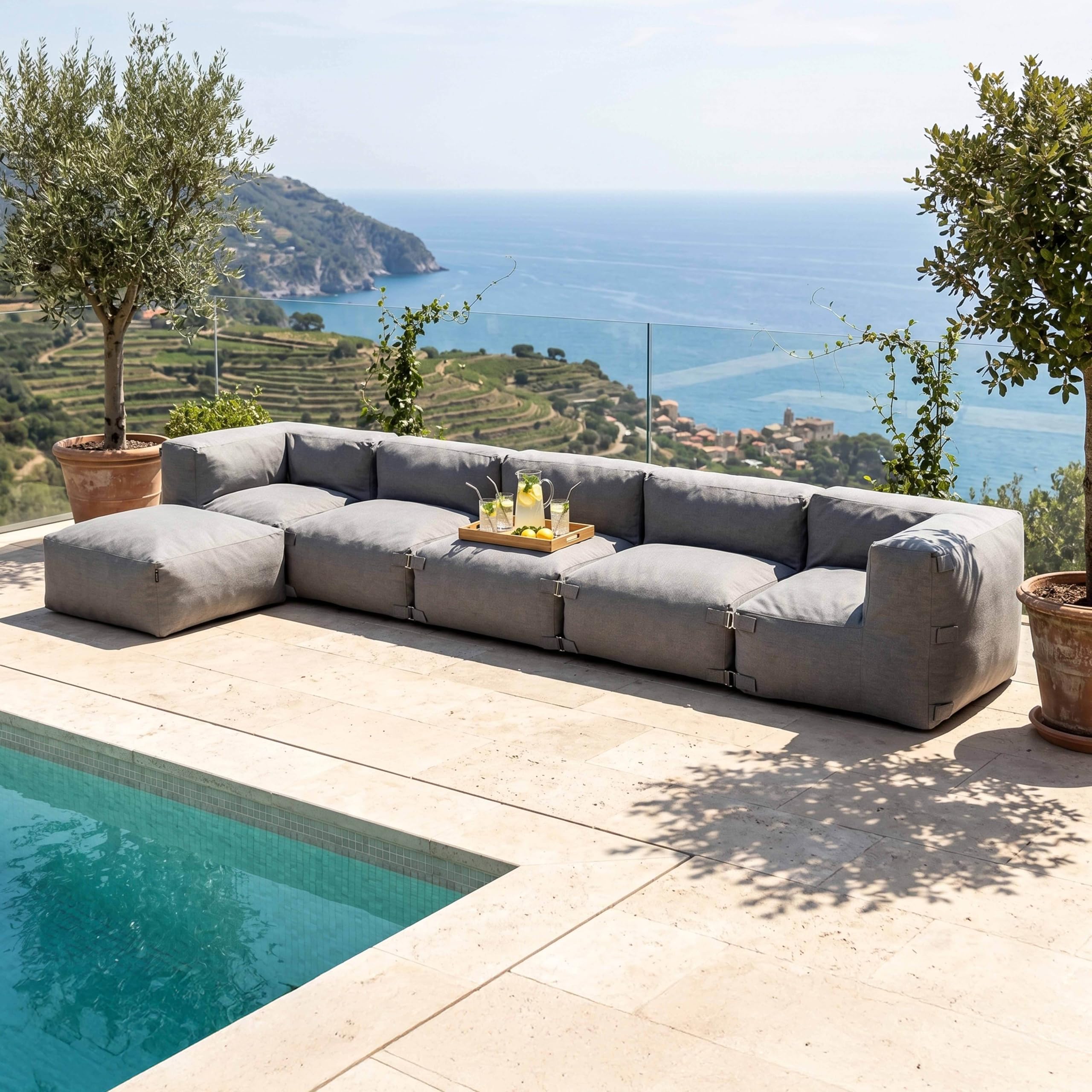 Oviala Canapé d'angle de Jardin modulable 6 Places Gris - Mixi