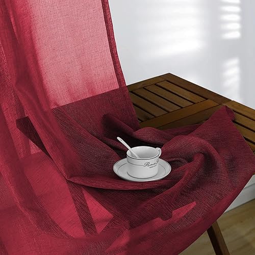 Miniatura 5 de KOUFALL Cortinas burdeos de 84 pulgadas de largo para sala de estar, juego de 2 paneles de lino sintético con bolsillo para barra, cortinas