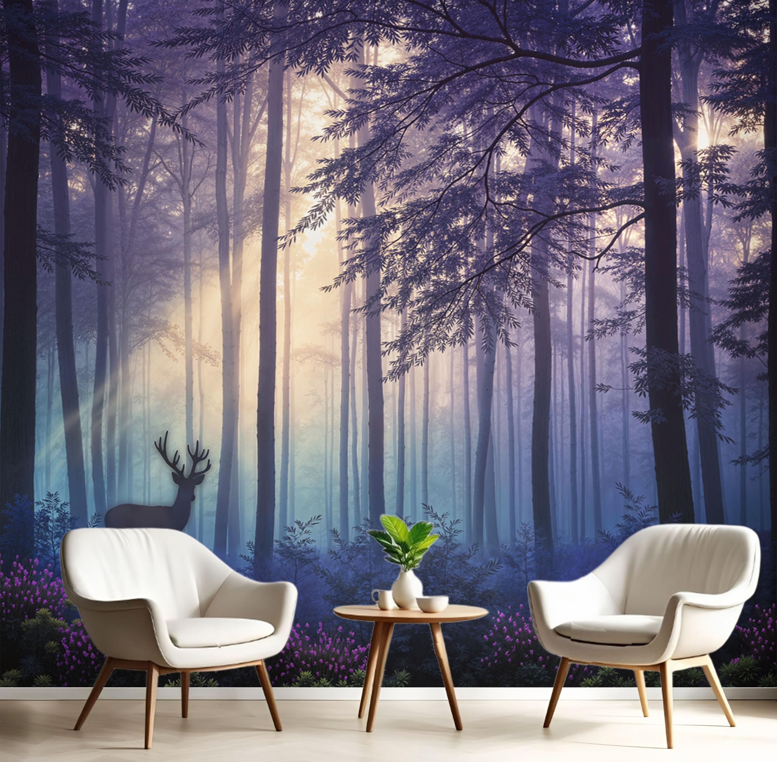 Fresque murale forêt brumeuse et fantastique avec cerf mystique