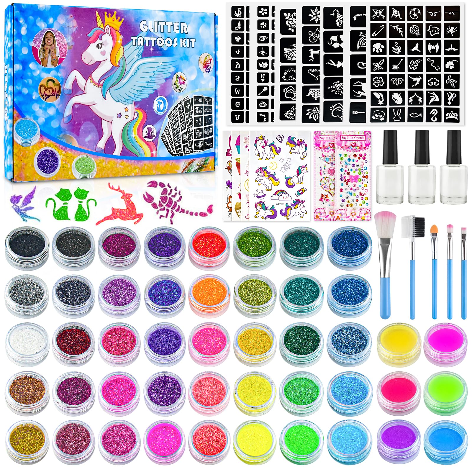 Tatuajes Purpurina para Niñas Kit Glitter 46 Colores 204 Plantillas Temporales Niños Maquillaje Tatoos Bar Tattoos Infantiles Face Cumpleaños Regalo Juguetes Juegos Brillantina Halloween Luminoso