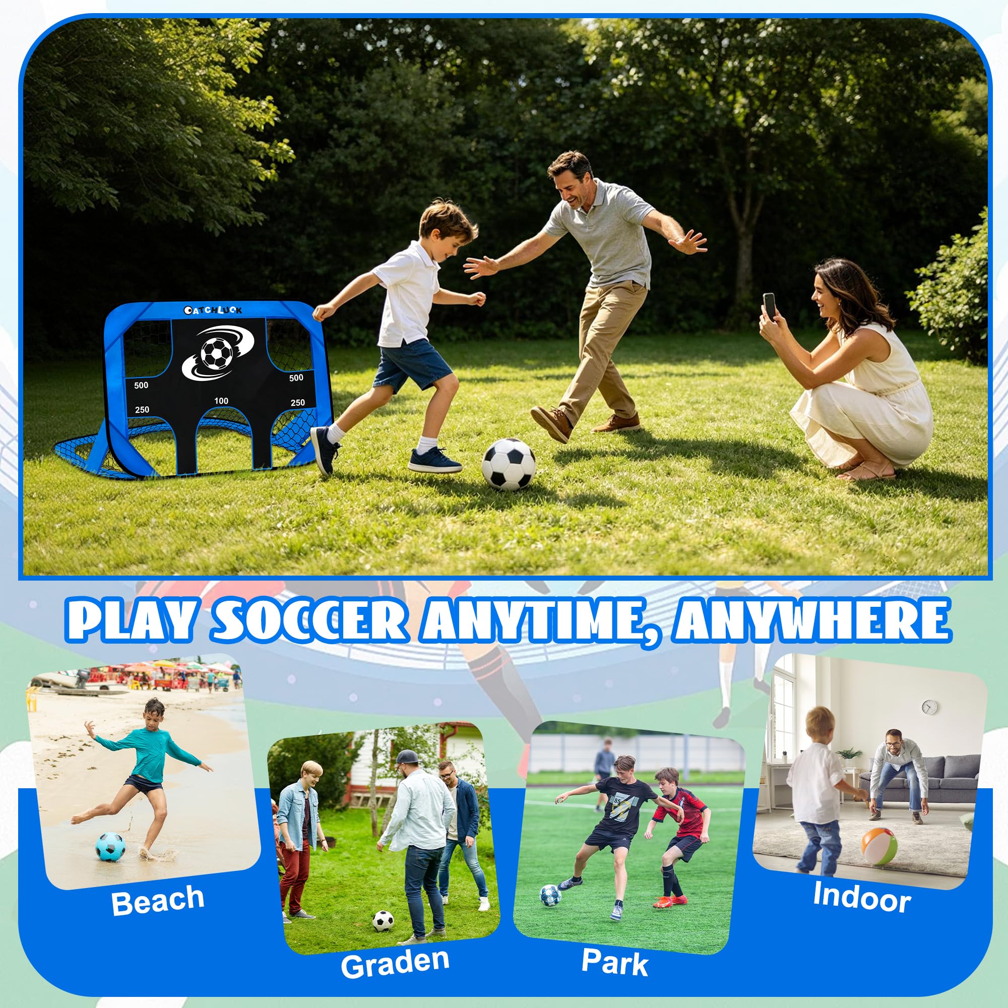 CATCHLUCK Porta da calcio per bambini, reti da calcio per giardino, 4 in 1, bersaglio per bambini, blu
