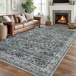 8x10 Area Rug, Vintage Floral Washable Large Moss Charcoal Rug for Living Room Non-Slip Ultra Soft Bedroom Rug Tribal Traditional Farmhouse Carpet for Dining Room Office Home Décor