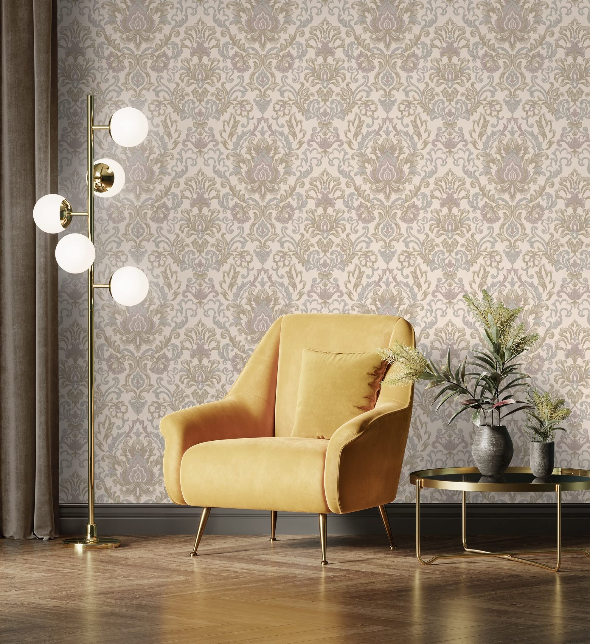 Papier peint vinyle damas effet relief tapisserie salon et meuble