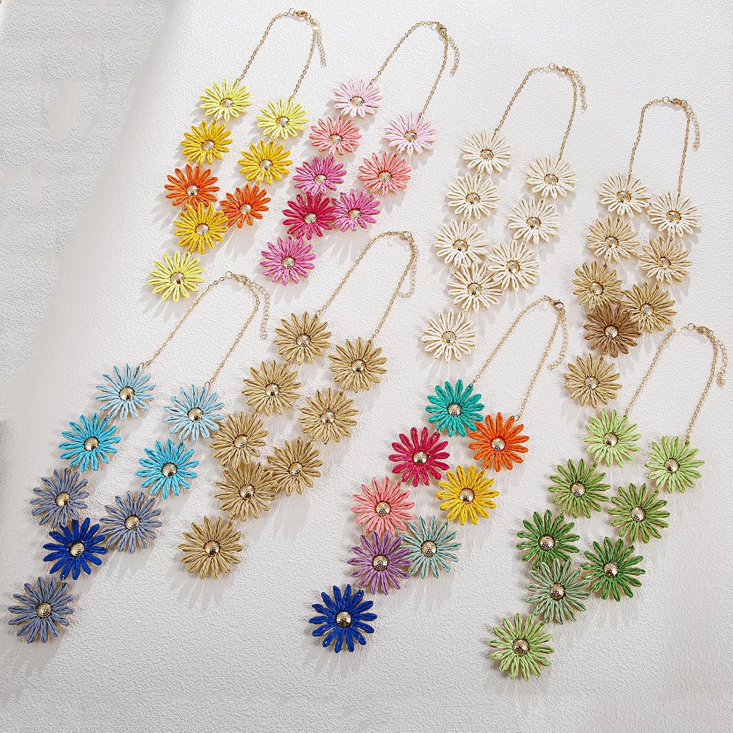 Handmade Raffia Flower Necklace for Women, Y-Shape Colorful Boho Tropical Pendant Statement Necklace - Image 6