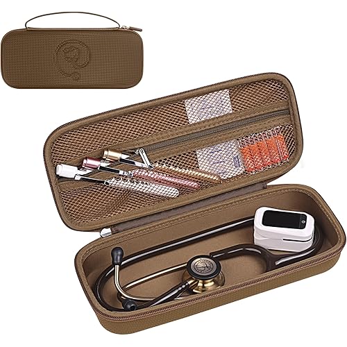 Portable Stethoscope Case Compatible with 3M Littmann Classic III, Lightweight II S.E, Cardiology, MDF, Hard Stethoscopes Case with Mesh Pocket for Accessories Medical Scissors Thermometer (Brown)