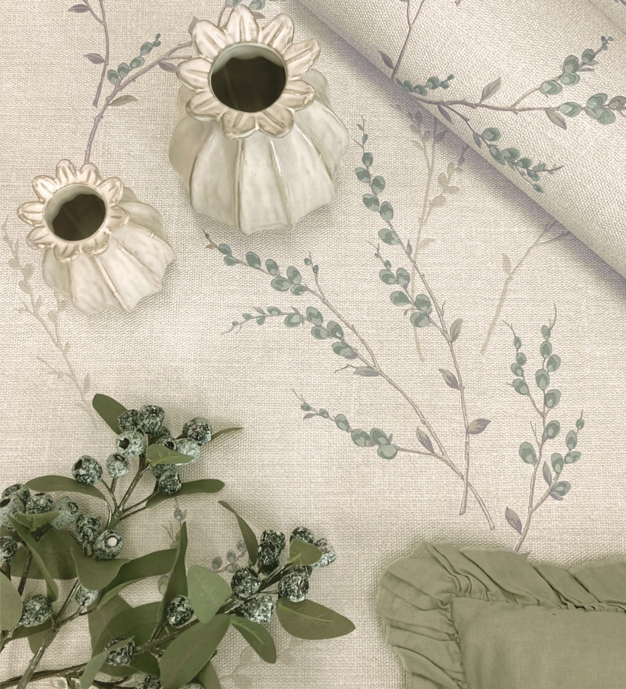 GAULAN 683392 - Papel pintado vinílico de rama de hojas estilo natural en fondo lino texturado para pared salón cocina dormitorio pasillo - Rollo de 10 m x 0,53 m