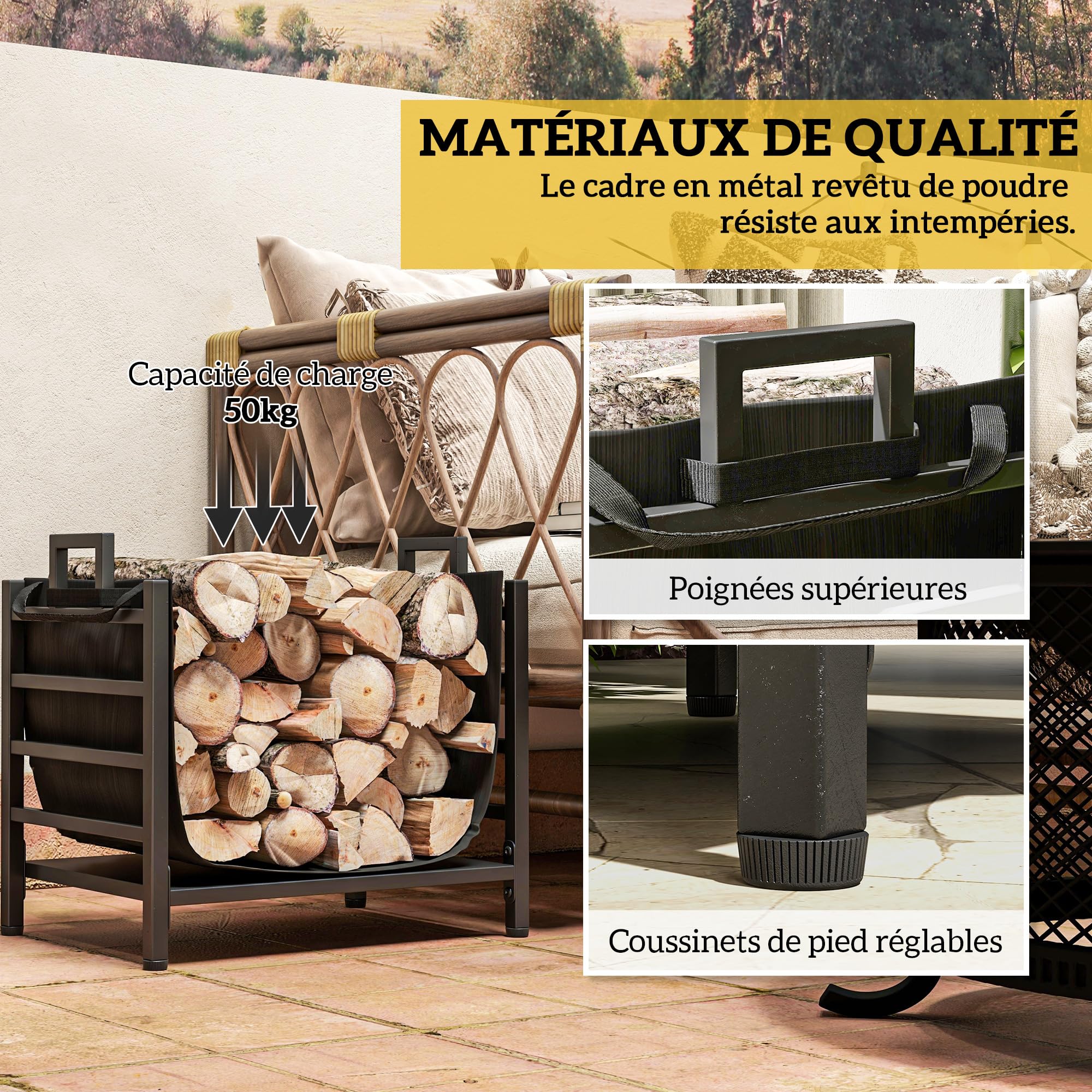 Outsunny Porte-Bûches Range-Bûches Sac Amovible 49l x 34P x 44H cm Noir