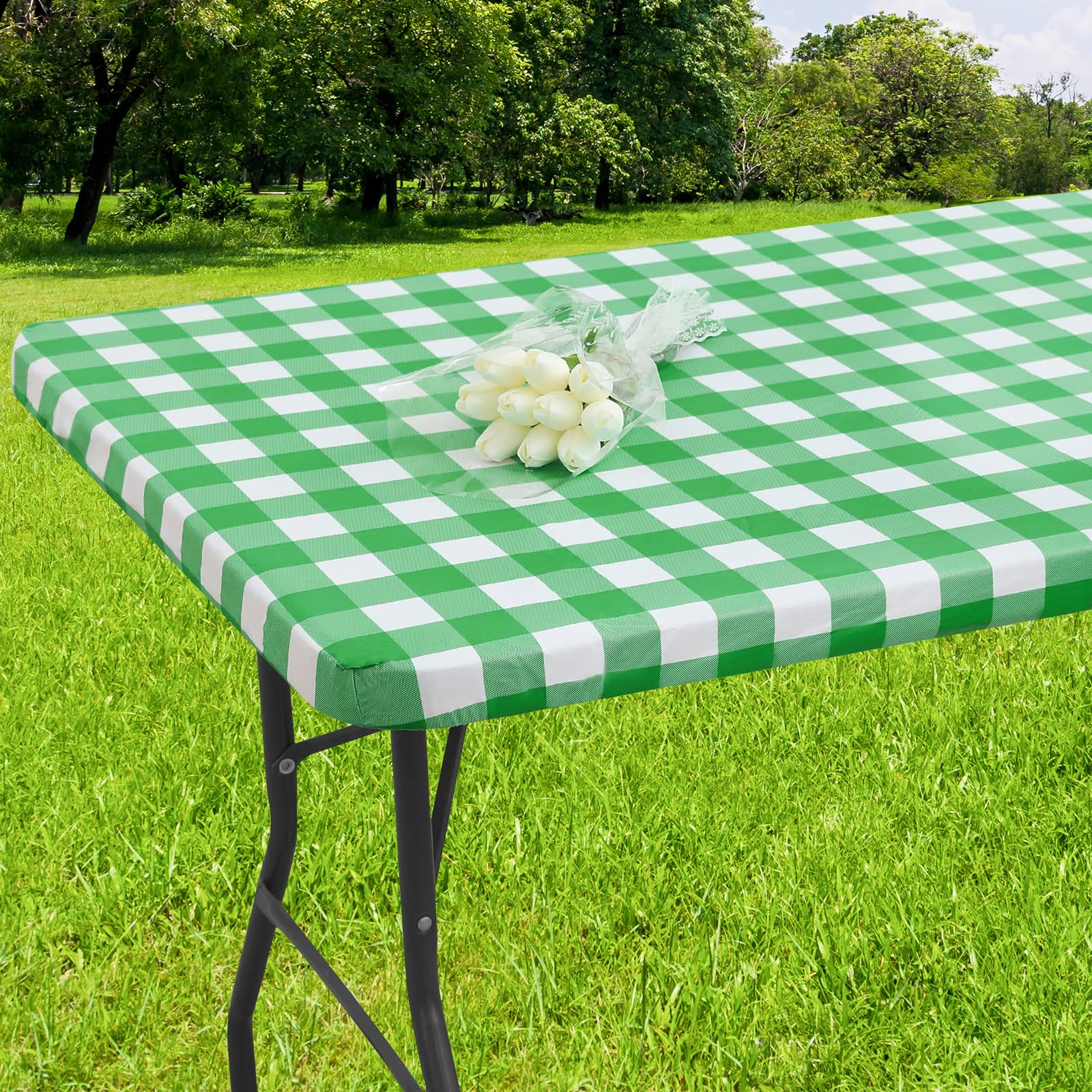 smiry Rectangle Table Cloth Cover, Elastic Waterproof Fitted Vinyl Table Covers for 6 FT Tables, Flannel Backed Buffalo Plaid Tablecloth for Picnic, Camping, Outdoor (White and Green, 30 x 72 Inches)