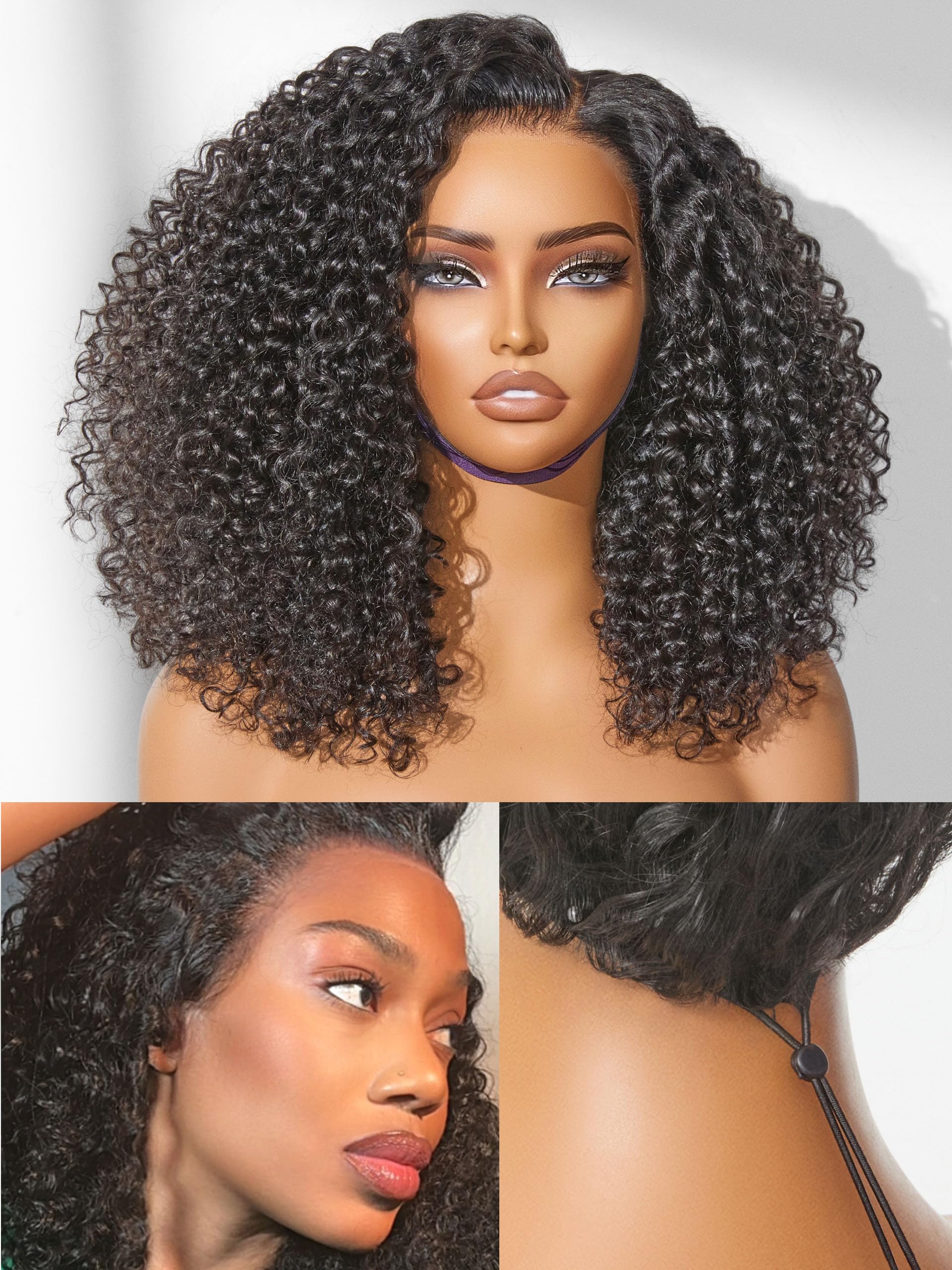LUVME HAIR 100% Real Human Hair Wig Lace Frontal Deep Curly 18 inches Drawstring Cap Glueless HD Lace Wigs Human Hair Pre Plucked Pre Cut, Curly Wig