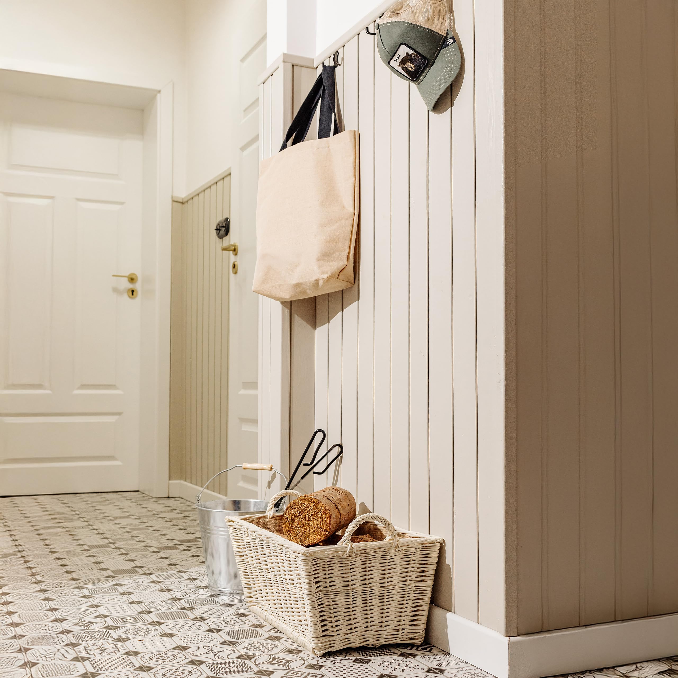 Creative Home Cesta de Mimbre Blanca para Almacenar Leña 47x33x30cm | Tela de Yute | Asas | Rectangular Grande | Tejida a Mano Duradera Interior | Sauce Grueso Natural | Multiuso