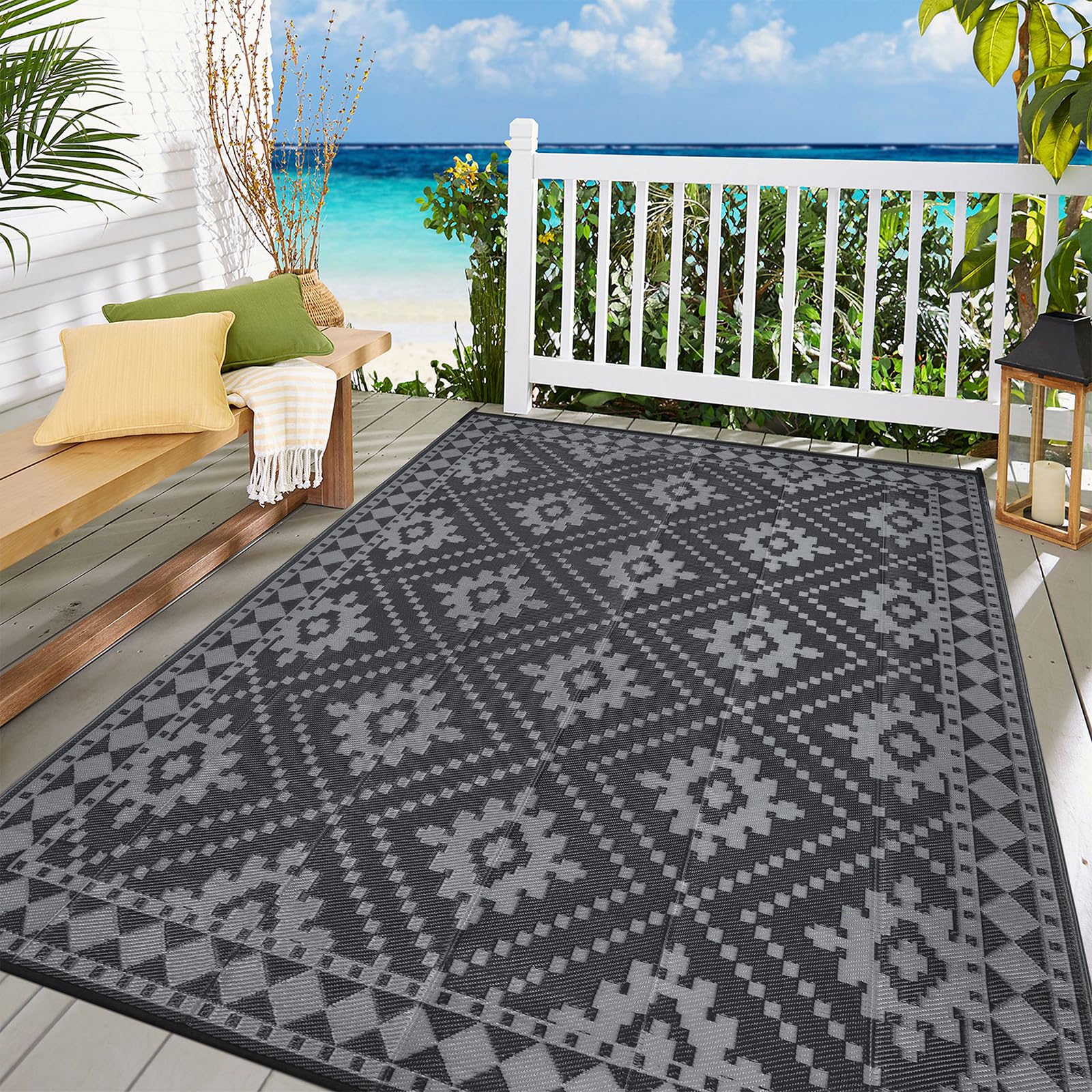 Enyhom Extra Large Outdoor Area Rugs, 150 x 240 cm Waterproof Durable Garden Rug Foldable Recycled Plastic Straw Mat Portable UV Resistant Garden Carpet Rug for RV, Deck, Balcony, Porch, Black