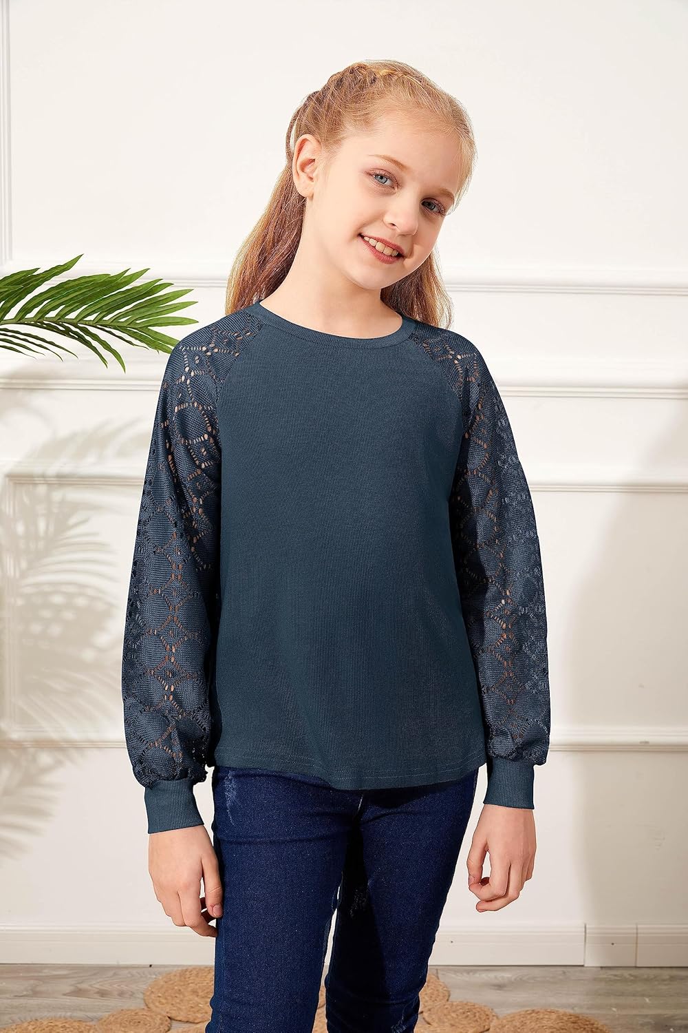 Batermoon Girls' Long Sleeve Shirts Lace Loose Fit Casual Crewneck Blouses Tops 5-14 Years - Image 4