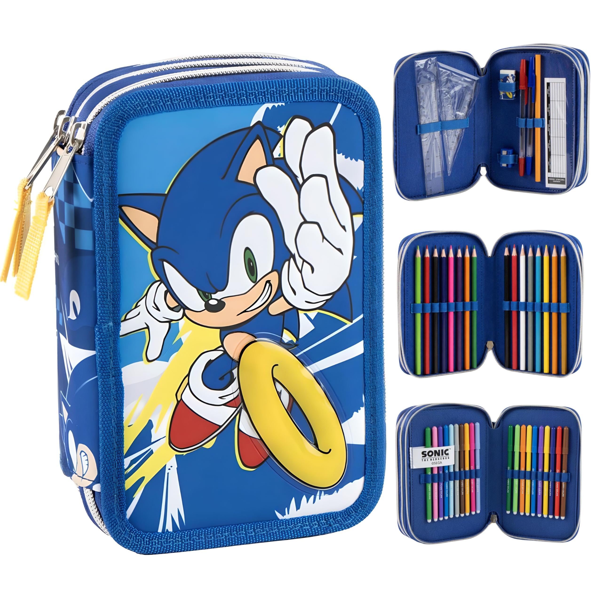 CERDΓ LIFE'S LITTLE MOMENTS Sonic the Hedgehog Deluxe 3-Tier Loaded Pencil Case for Kids | 3-Compartment Filled School Pencil Case with Colouring Pencils & Stationery | Organised School Supplies Case