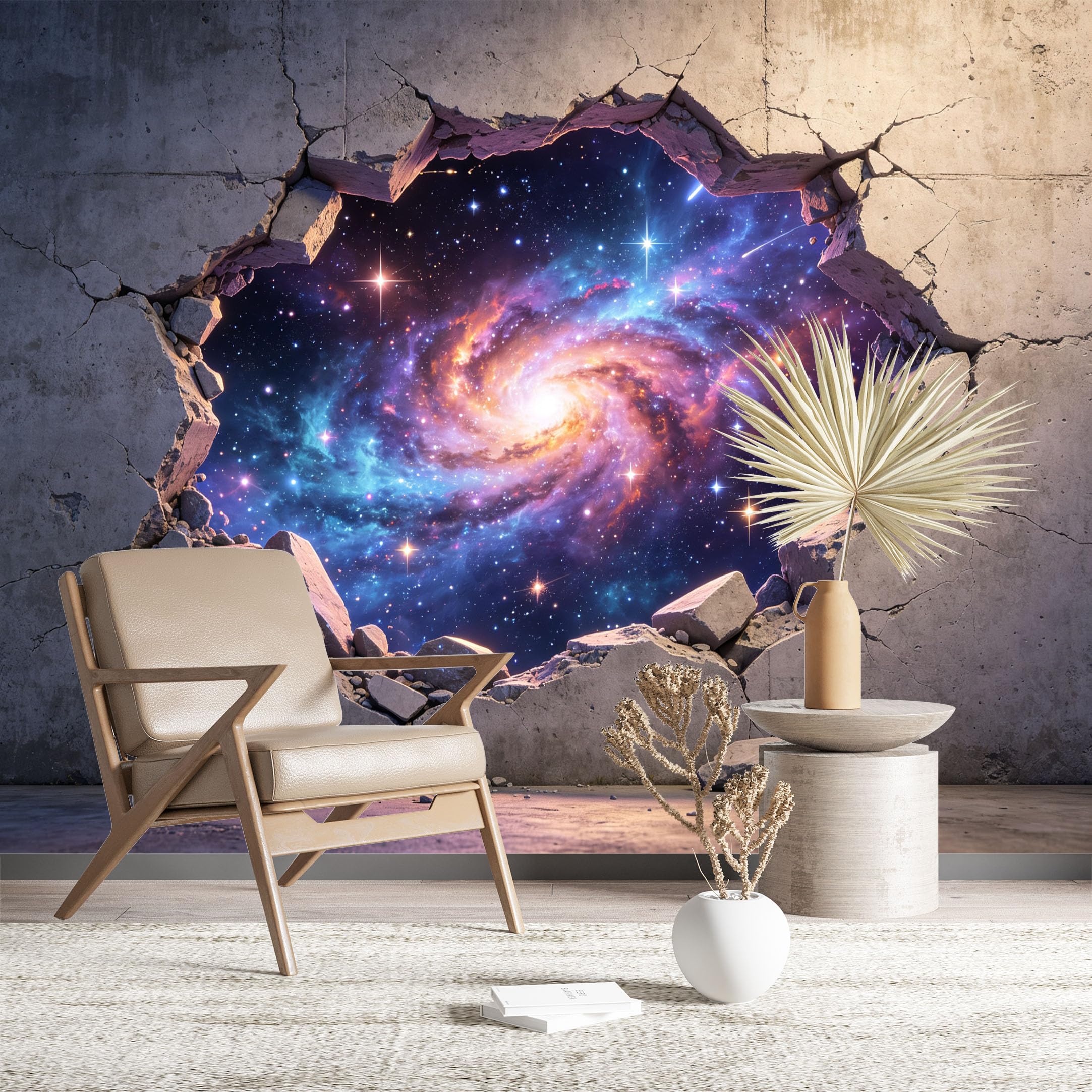 Custom Size Wall Murals Spiral Galaxy Seen Through Cracked Wall Full Wall Self-Adhesive Wall Fabric (NO PVC) Removable Wallpaper for Living Room Bedroom