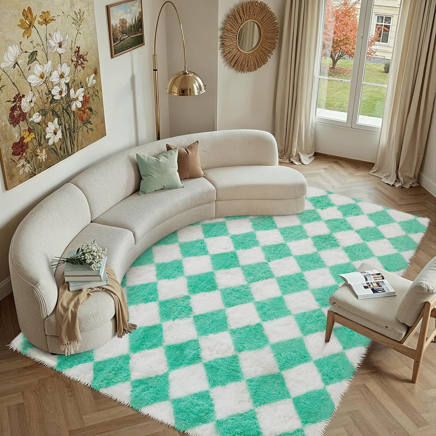 HUGEAR Checkered Rug 8x10 Living Room Green and White Modern Shag Rug Washable Large Area Rug Soft Fluffy Indoor Carpet Fuzzy Vacuumable Rugs for Bedroom Home Decor Non Slip