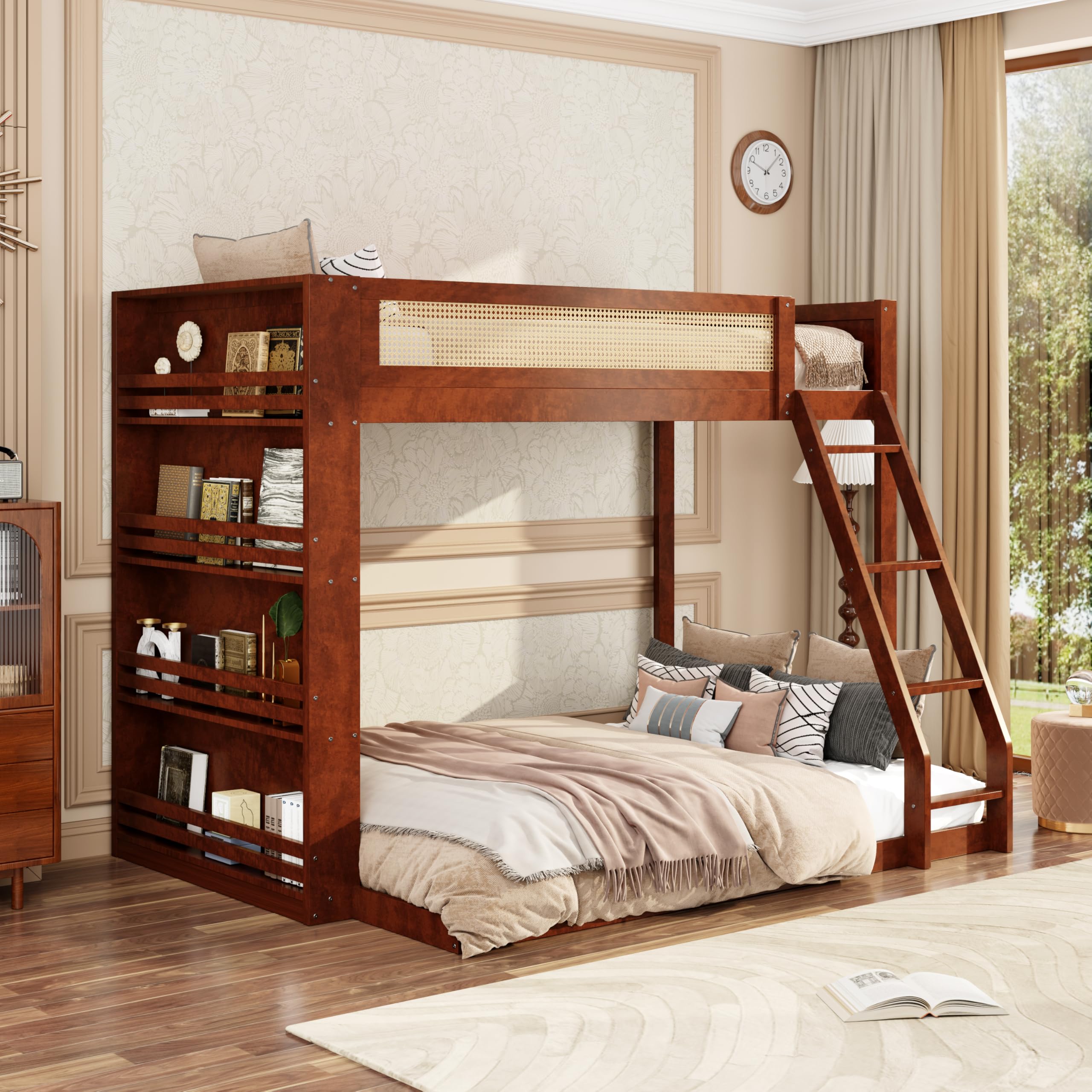 box 1/3 twin over full bunk bed with built-in led lighting, 4-tier bookshelf, cane-style guardrail, no box spring needed, sturdy wood & mdf frame, space-saving design for kids teens adults,espresso
