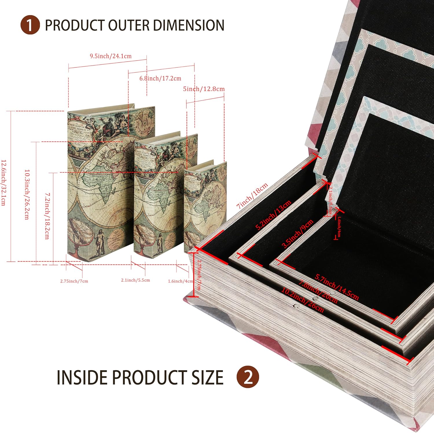 Decorative Wooden Book Boxes Set of 3, World Map Pattern, Antique Look with Magnetic Leather Cover, Hidden Secret Storage for Jewelry, Keepsakes, and Gifts