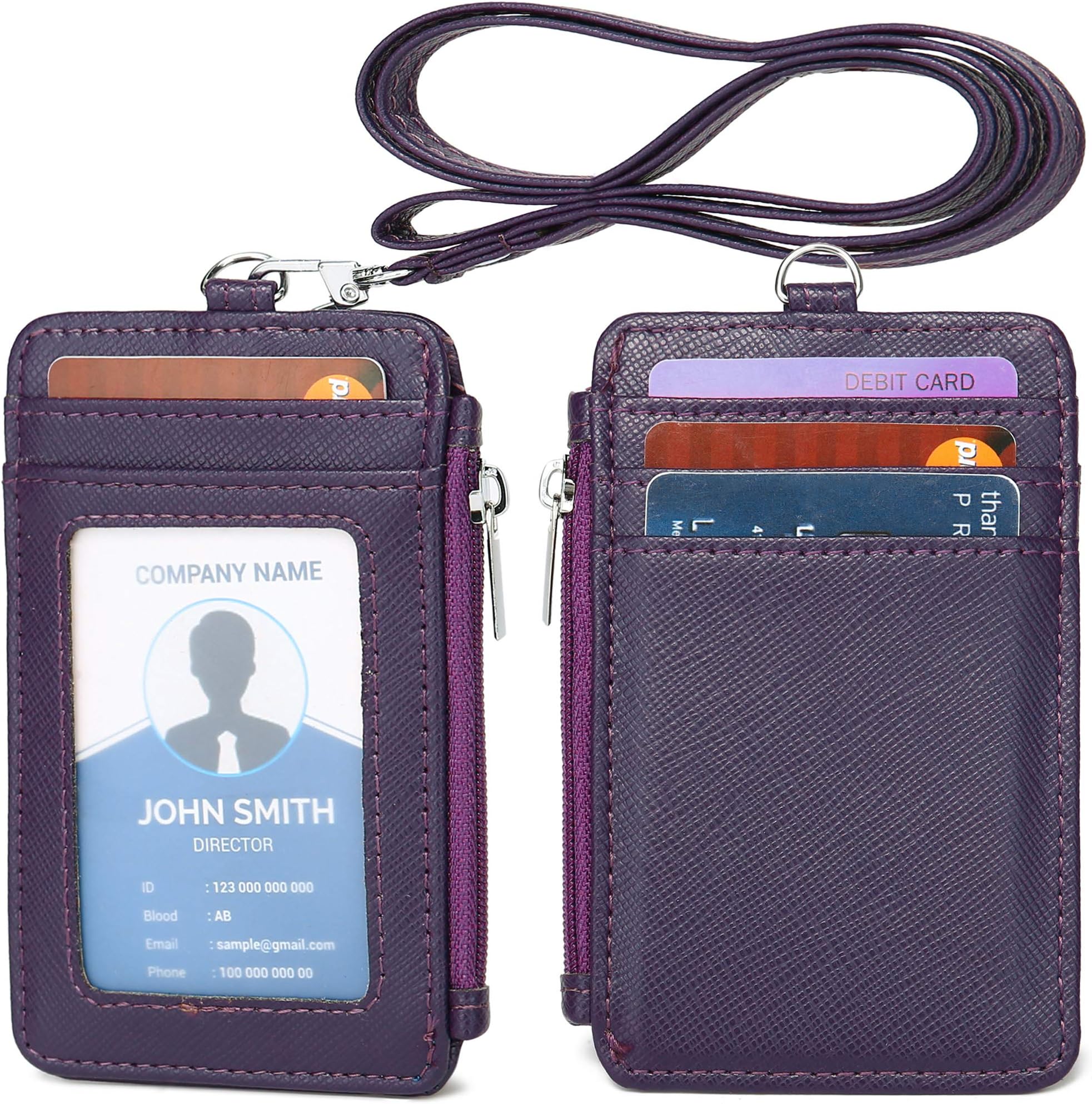 ID Badge Holder with Neck Lanyard PU Leather ID Badge Wallet Case with 1 ID Window, 4 Card Slots, 1 Side Zipper Pocket