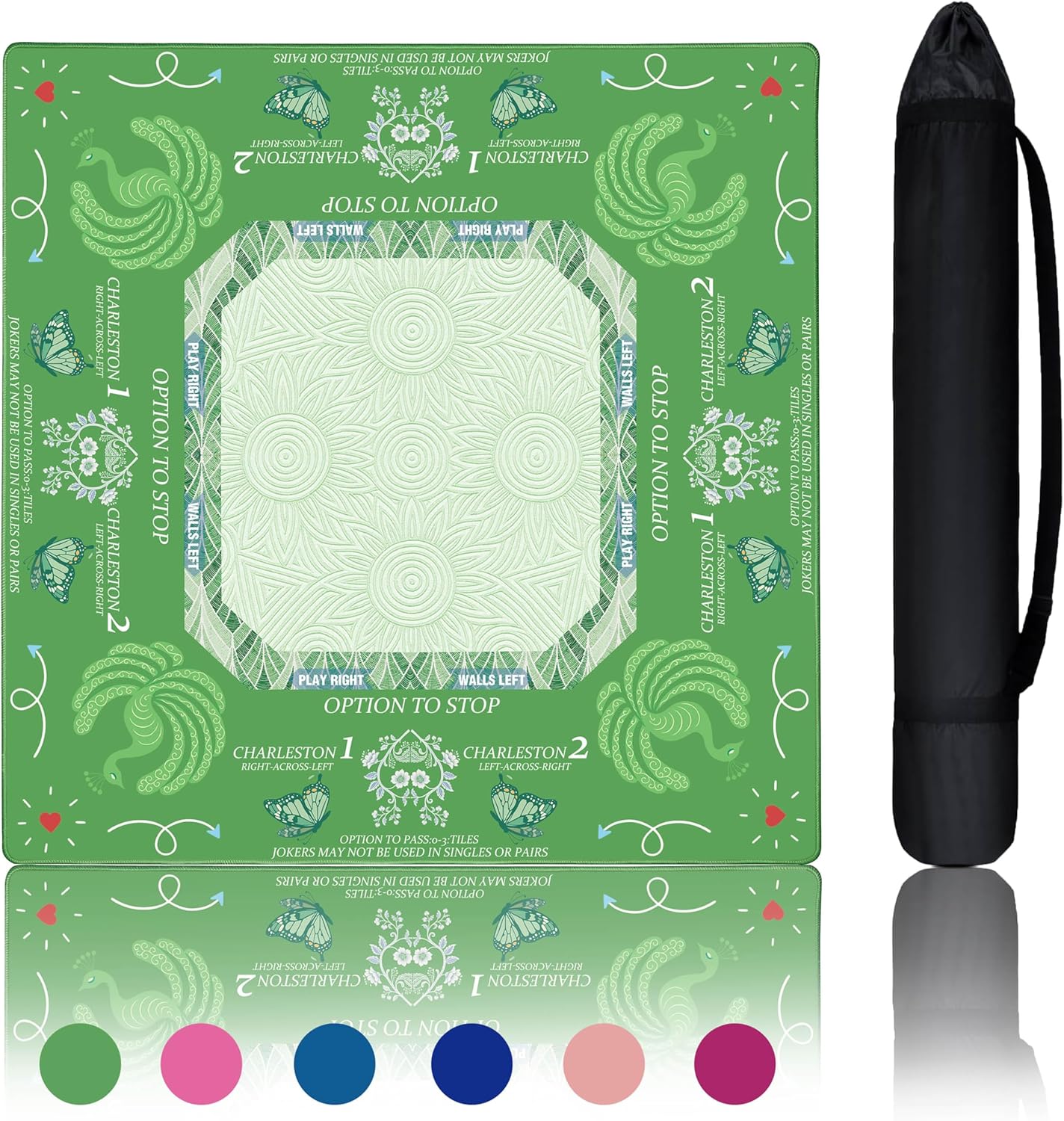 Mahjong Mat for Table,31.5" x 31.5" Non-Slip American Mahjong Mat with Rules,Green Neoprene Mat for Mahjong Lovers (Boho-Green)