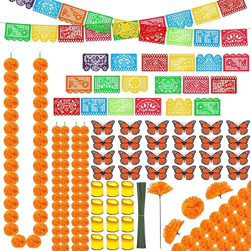 Zeyune Juego de 242 piezas de decoración del Día de los Muertos, 100 caléndulas artificiales con tallo, 4 guirnaldas de caléndula, 24 mariposas
