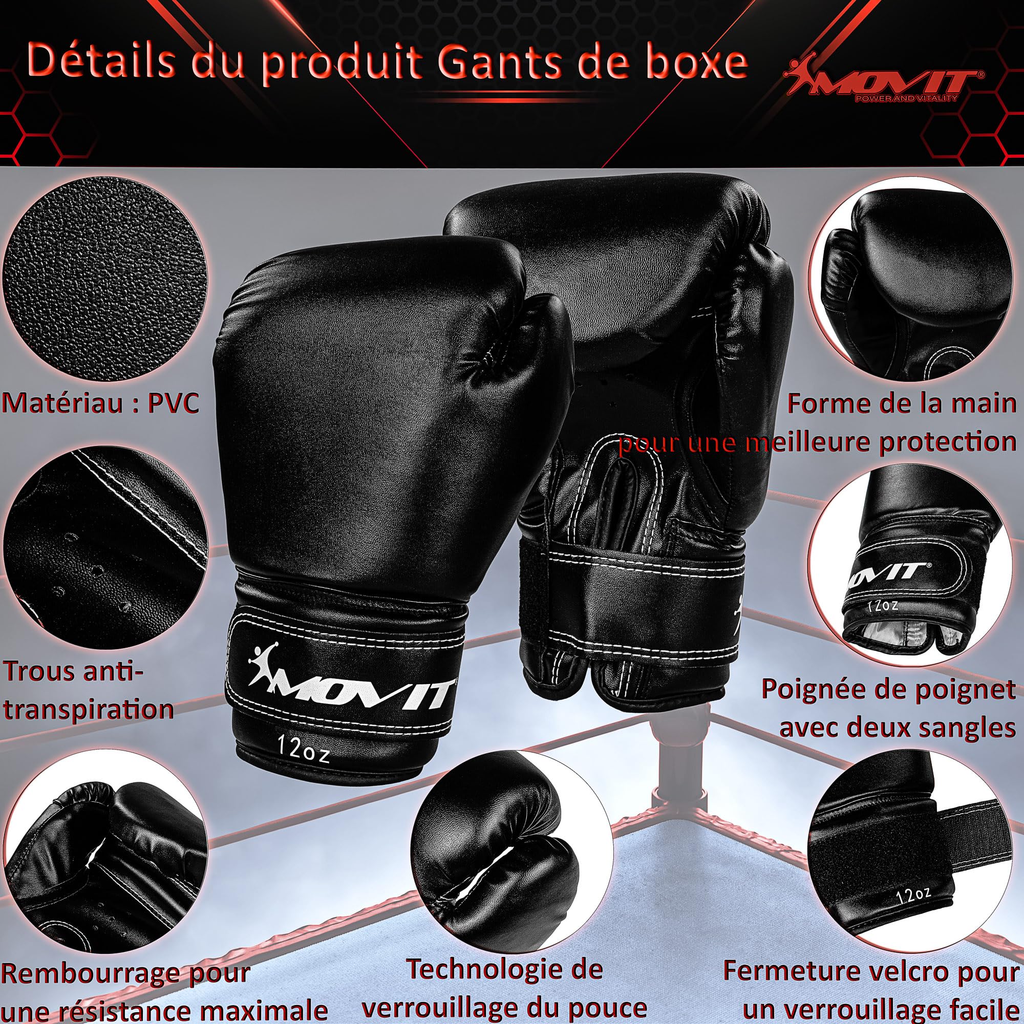 MOVIT Set de Sac de Boxe 25 kg, rempli, y Compris Sac de Boxe (Hauteur 80cm x diamètre 30cm), Gants de Boxe 12 oz, Bandages de Boxe, pour Adultes, Boxing Boxing, Noir ou Blanc