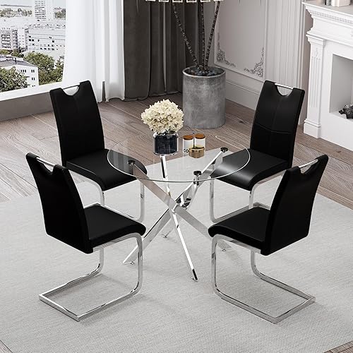 Miniatura 8 de Juego de mesa de comedor redonda de vidrio templado para 4, juego de mesa de cocina moderna de 5 piezas con 4 sillas para cocina y comedor (gris)