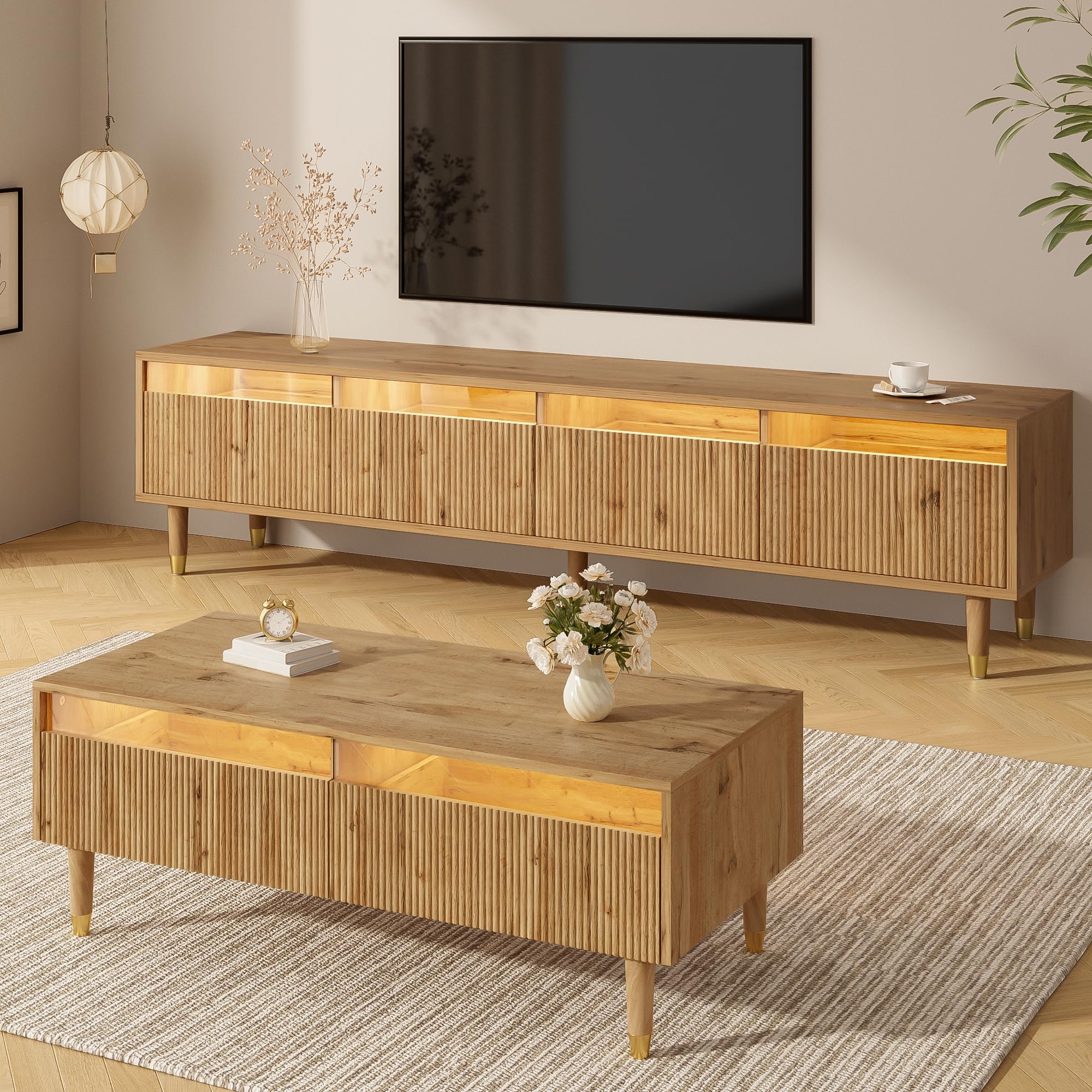 Kebnor Moderno juego de muebles LED: mueble de TV con 4 puertas y mesa de café con 2 cajones, diseño de madera dorada, iluminación LED, estructura ondulada y frontal acrílico (juego de muebles 110 x