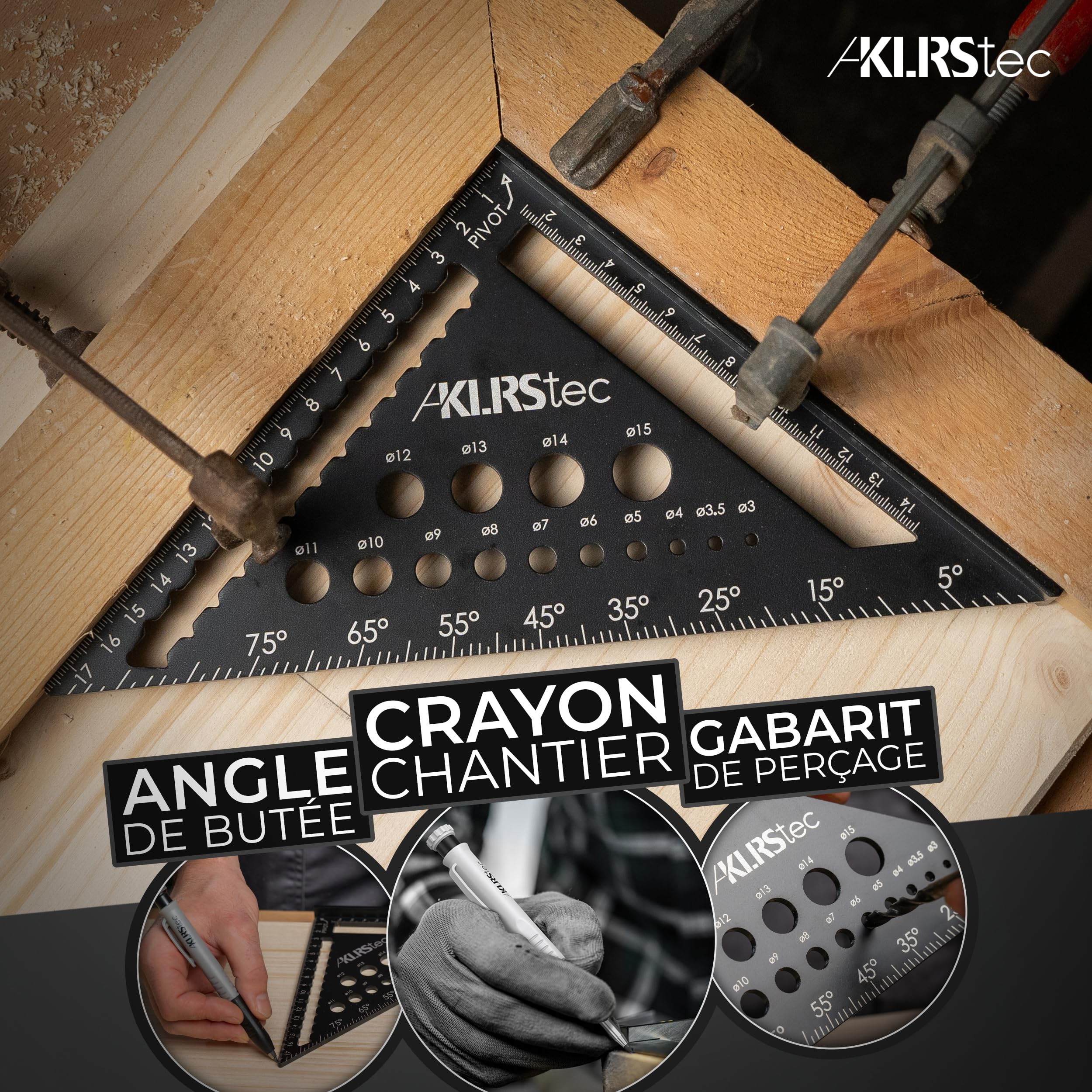 KLRS tec Kit d'équerre de charpentier professionnel – Kit d'équerre de menuisier de qualité supérieure avec marqueur à trous profonds [+mines] Ensemble d'outils d'équerre de mesure en métal
