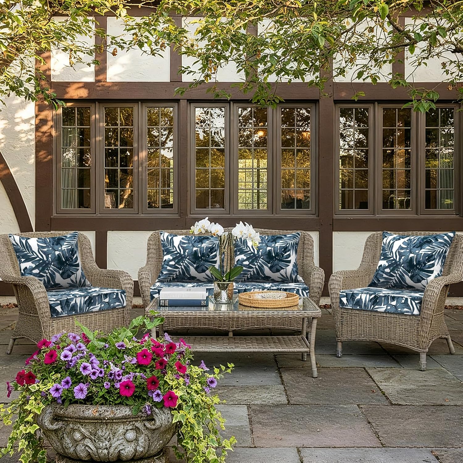 LVTXIII Outdoor Deep Seat Cushion Patio Seat and Back Cushion Set Seasonal Chair Cushion for Dining Arm Chairs, Wicker Chairs and Garden Furniture Decoration, 24"x24"x4", Palms Blue