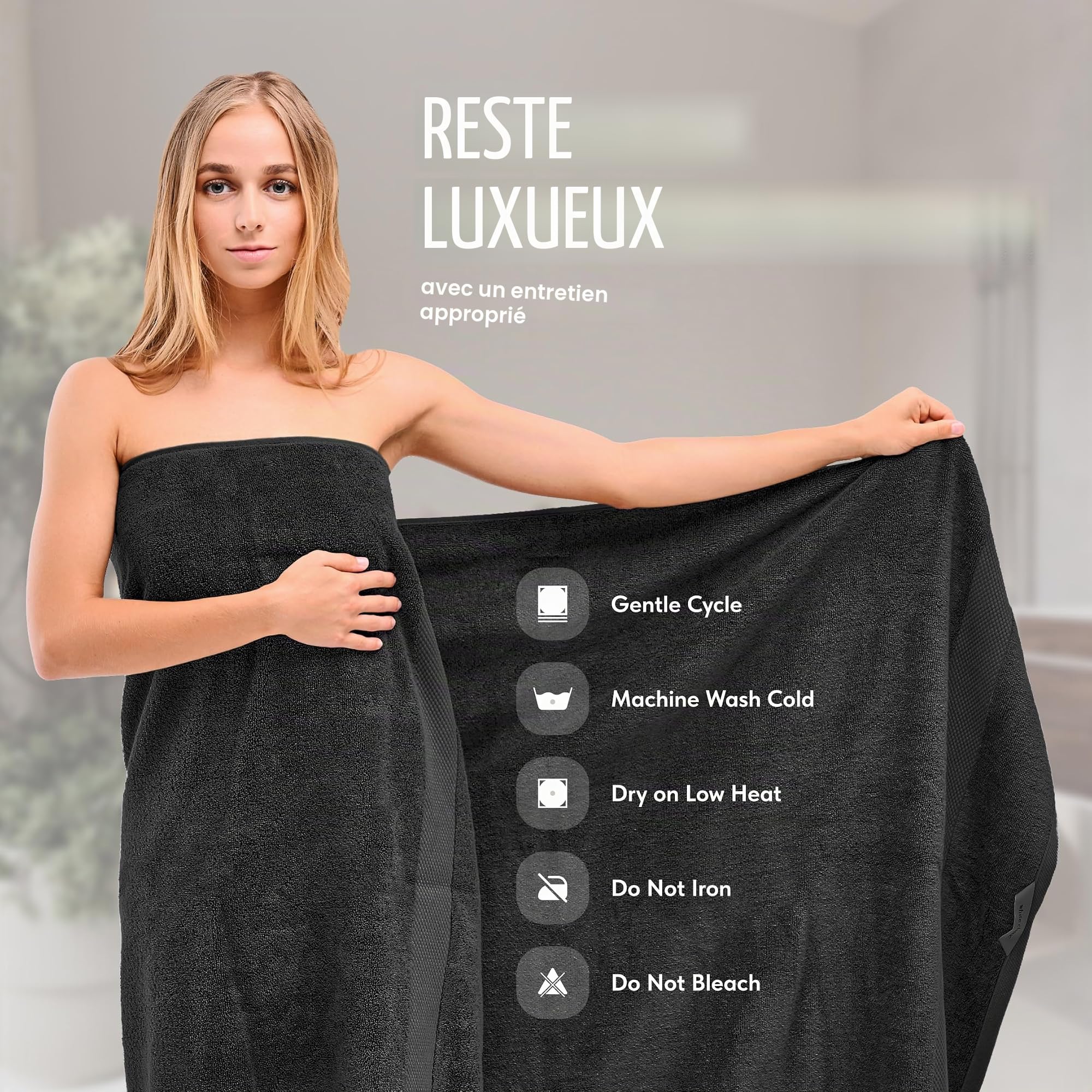 White Classic Lot de 2 Serviettes de Bain de Luxe Douces en Coton de 650 g/m² – Très absorbantes et à séchage Rapide – Collection hôtelière – Très Grandes Serviettes de Bain surdimensionnées – Noir
