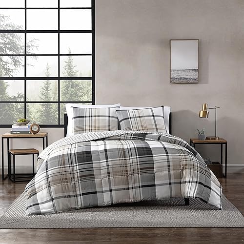 Eddie Bauer - Juego de edredón King, ropa de cama reversible a cuadros, elegante y cálida decoración del hogar (gris de Normandía, King),