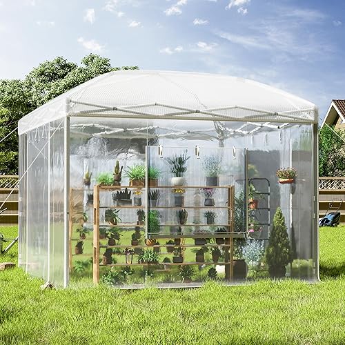Specraft 10×10×8.5 FT Outdoors Pop-up Greenhouses with Adjustable Reinforced Frame, Portable Walk in Greenhouse with 2 Roll-up Zipper Door, Mesh Windows, PE Cover, White