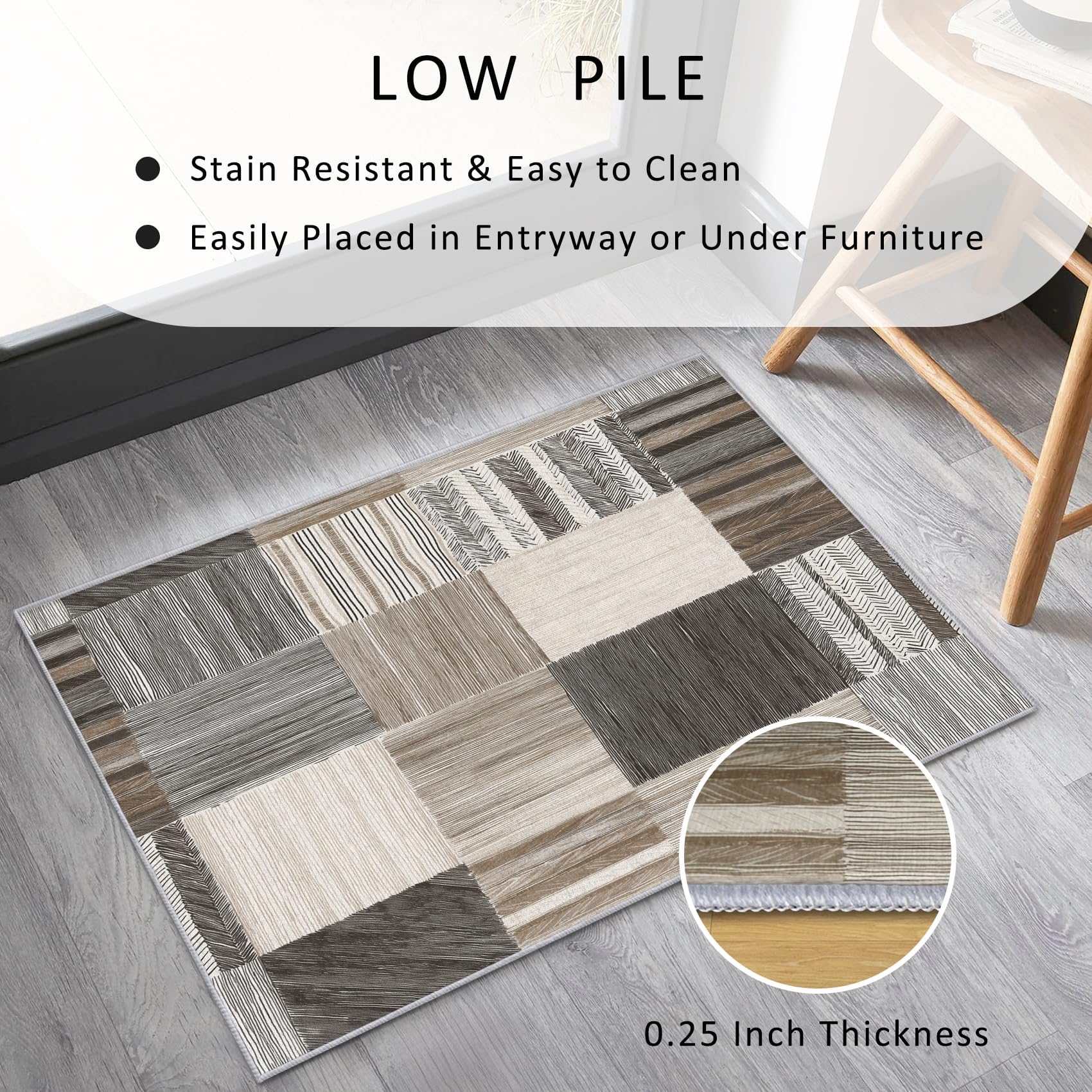 Tappeto moderno geometrico patchwork 90x120 cm antiscivolo lavabile per interni per soggiorno, camera da letto e ufficio, grigio beige