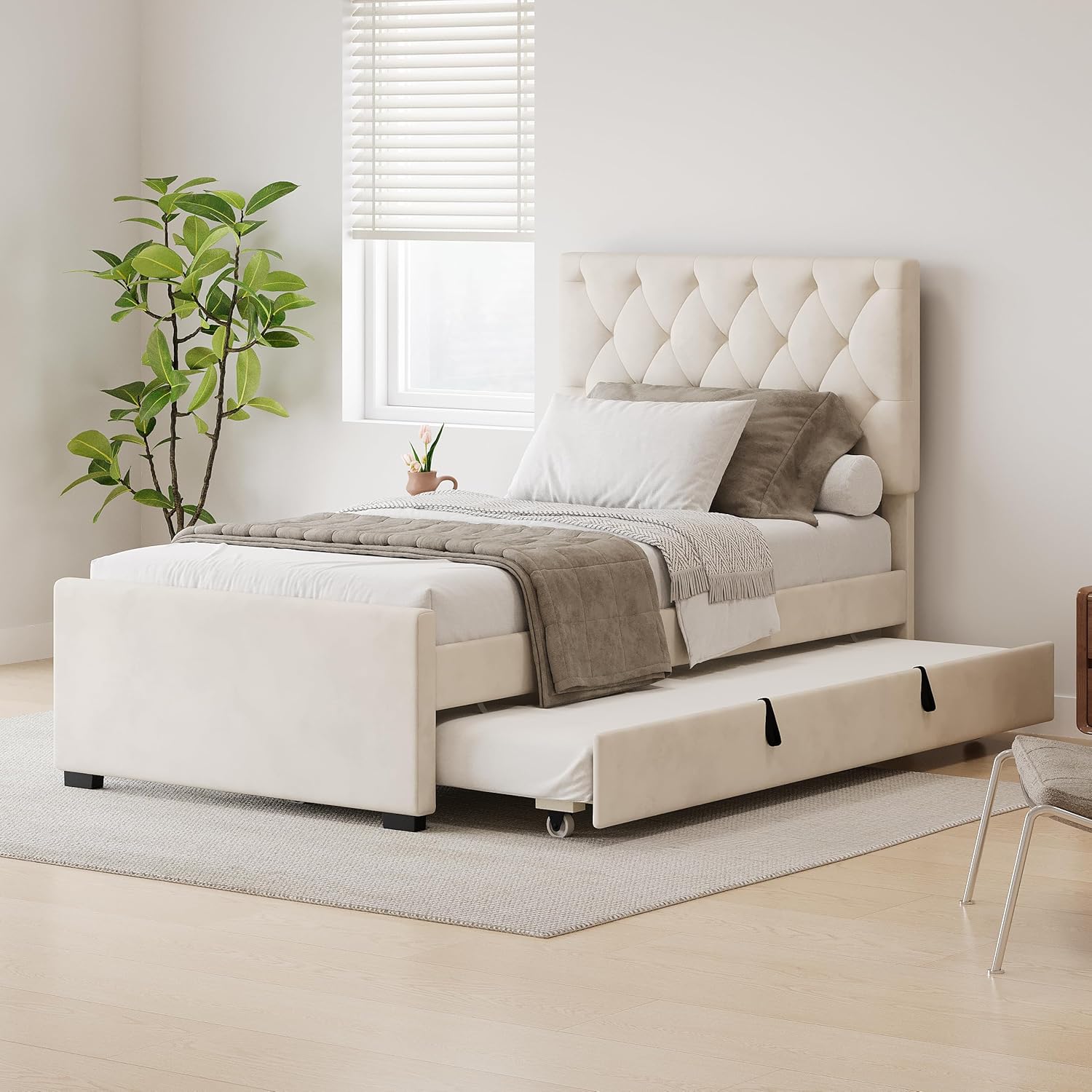 Amazon.com: Merax Twin Size Velvet Fabric Upholstered Platform Bed with ...