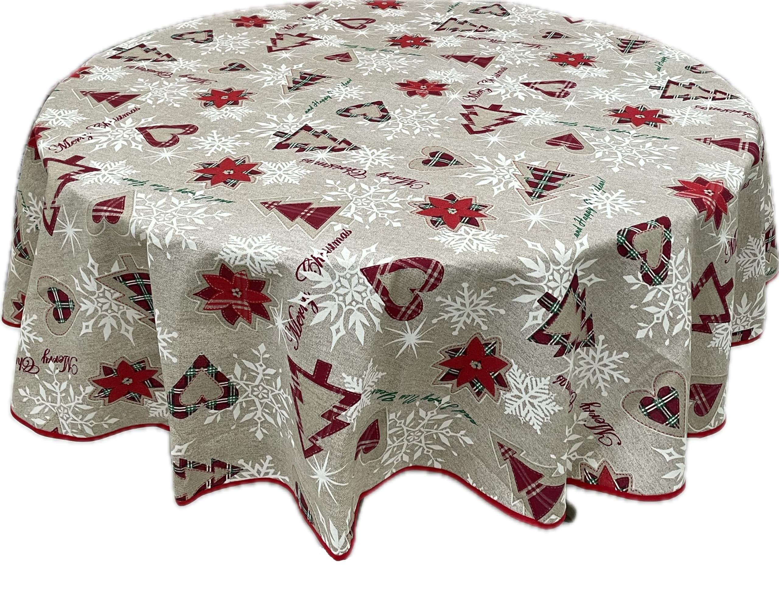 1KDreams Mantel de Navidad con diseño de árboles de Navidad, corazones y copos de nieve, mantel de mesa moderno Shabby Chic (Beige, diámetro de 180 cm)