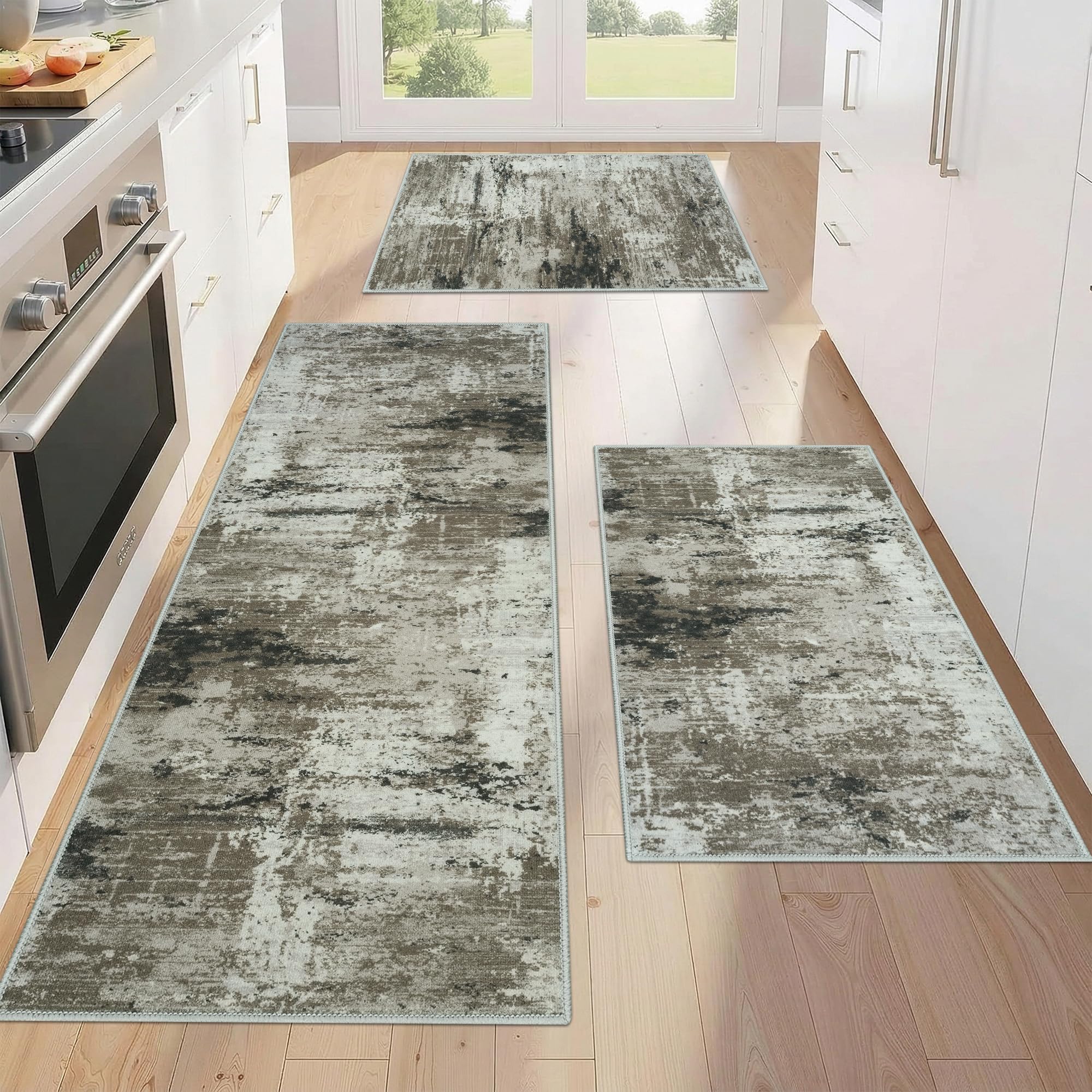 Edlbaegy 3 Pieces Kitchen Rug Runner Non-Slip Washable Kitchen Mat for Floor Modern Low Pile Carpet Runner for Entrance Door Hallway Laundry Taupe 50x120cm+50x80cm+50x80cm