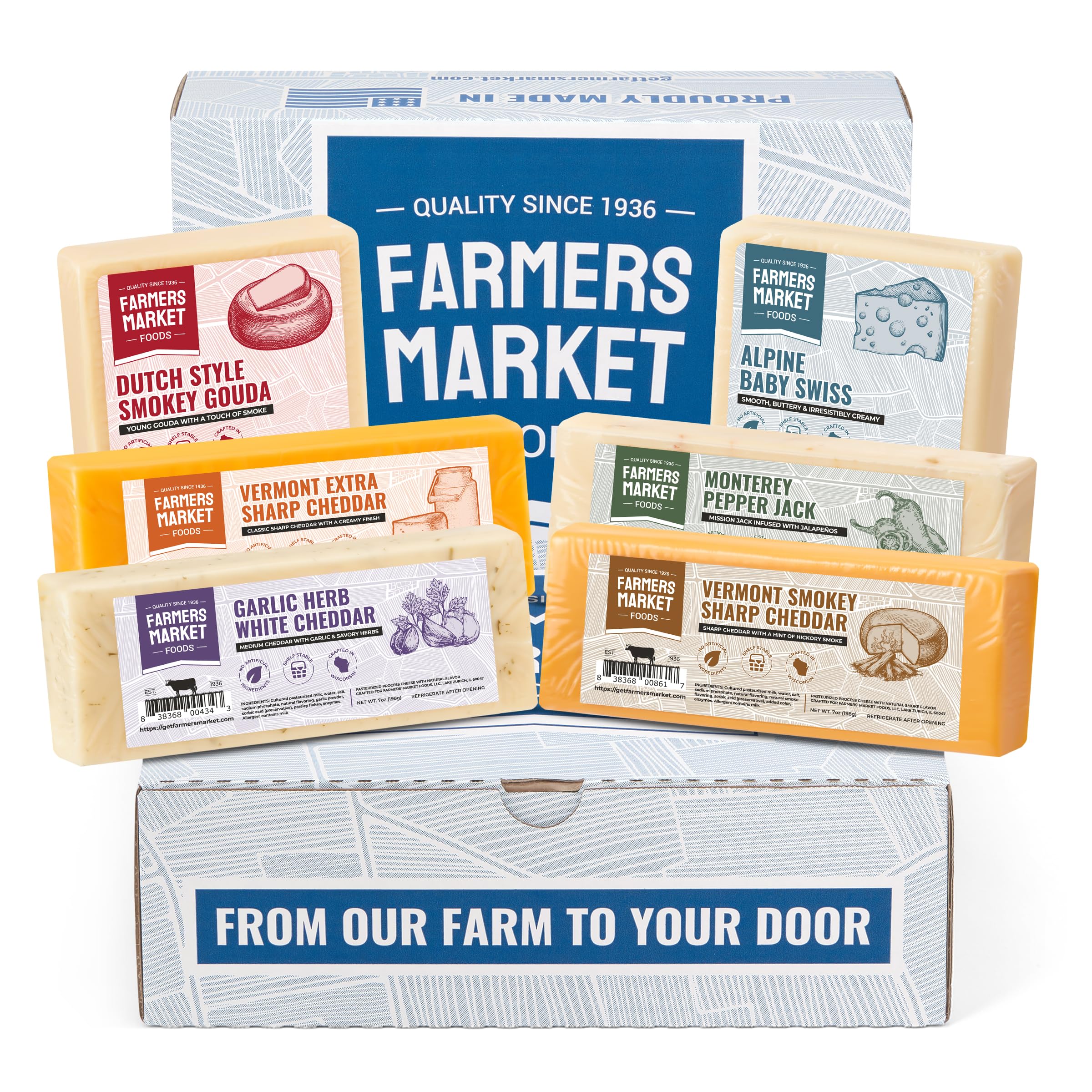 Deli Direct - Farmers Market Block Cheese Assortment, 7 oz 6 Pack, Storage Stable, Pasteurized, Locally Sourced Wisco