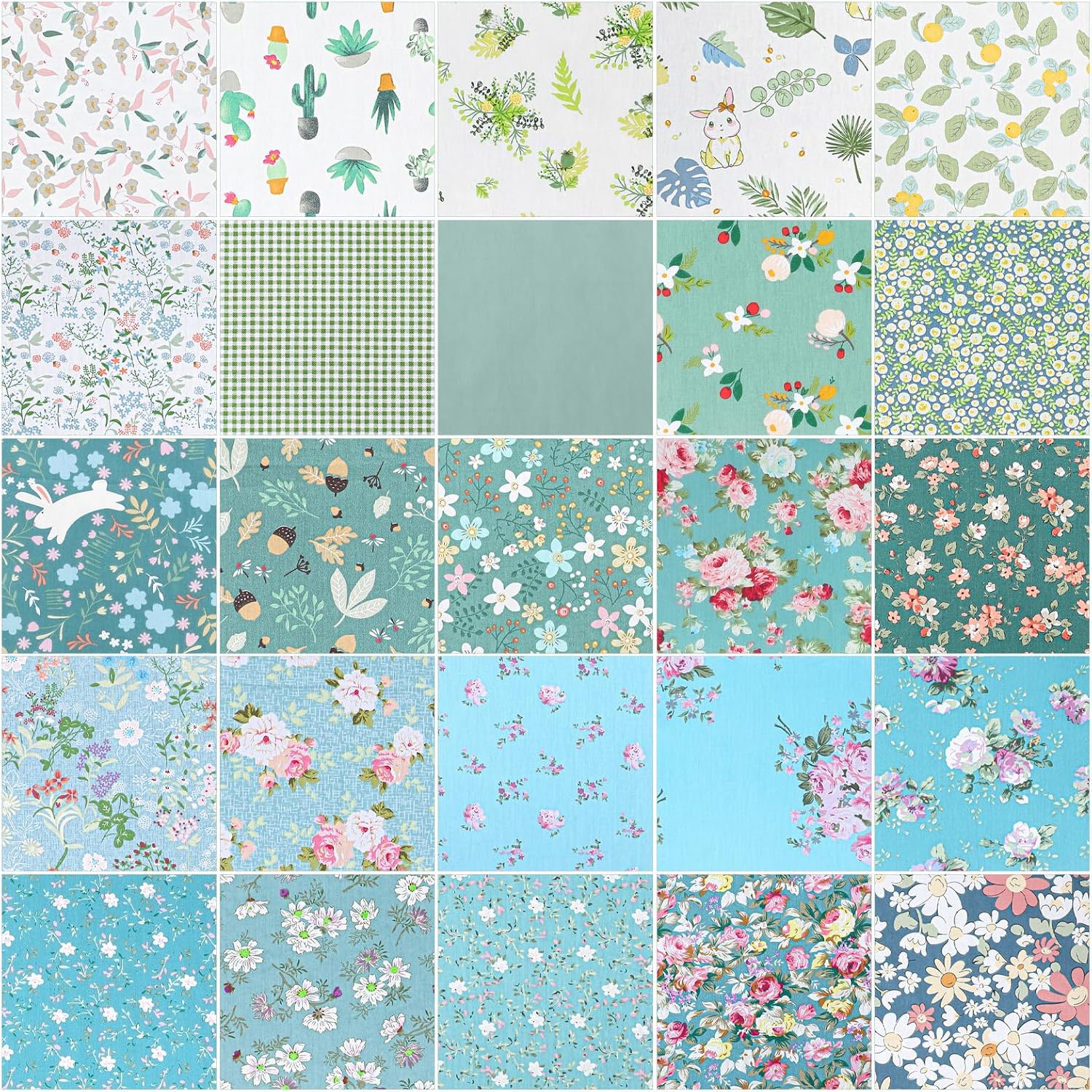 Kifmurase 100 Pcs 10 x 10 Inches Cotton Fabric Squares Patchwork Precut Quilting Fabric Bundles Layer Green Floral Pattern Quilting Patches for DIY Crafts Sewing Beginners Cloths Handmade Accessory