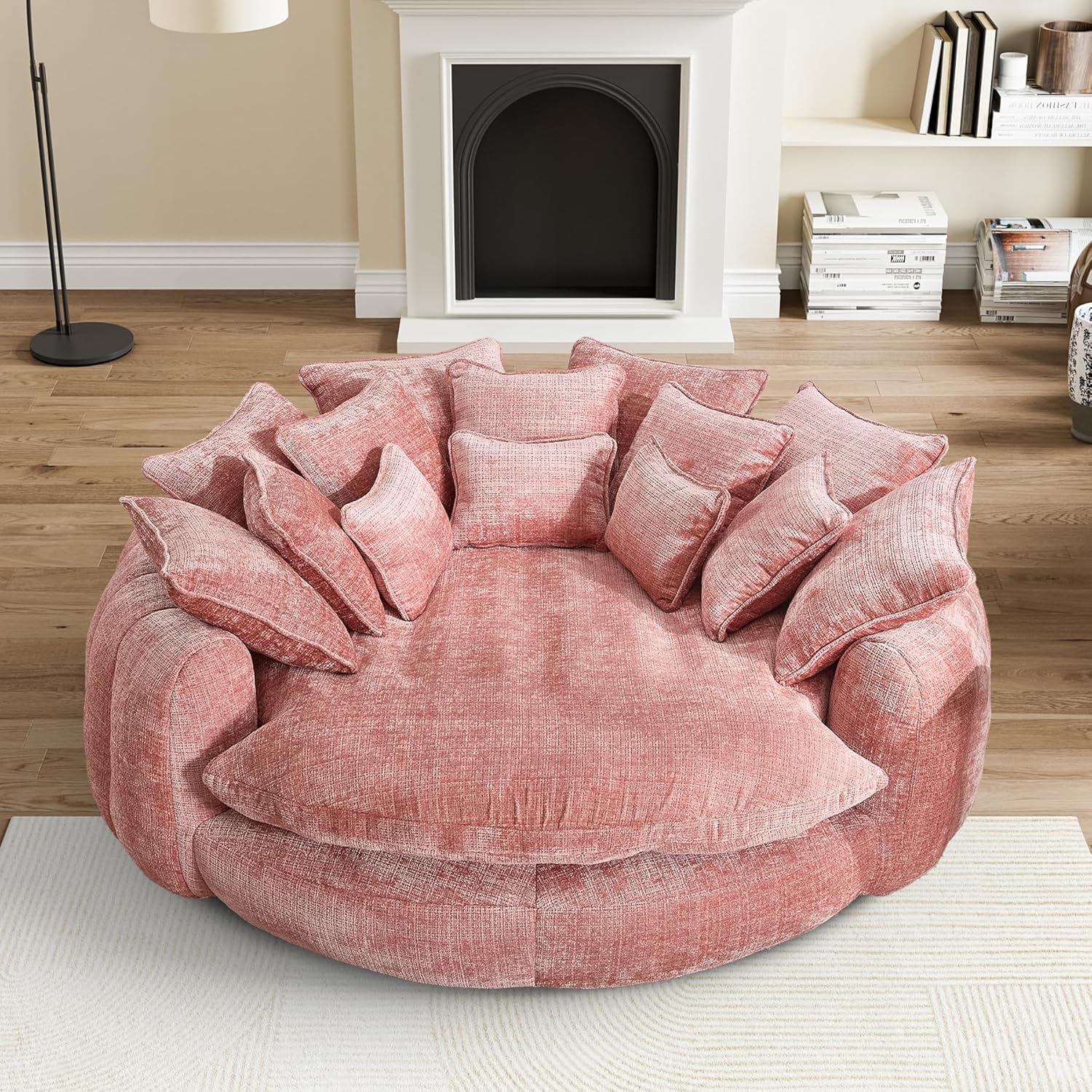 81" Round Sofa Bed Big Bean Bag Round Chaise Lounge Oversized Round Couch Boneless Reading Chair Plush Fluffy Chenille Large Chaise Chair for Living Room, Bedroom, Apartment, Pink Pink 81"D x 81"W