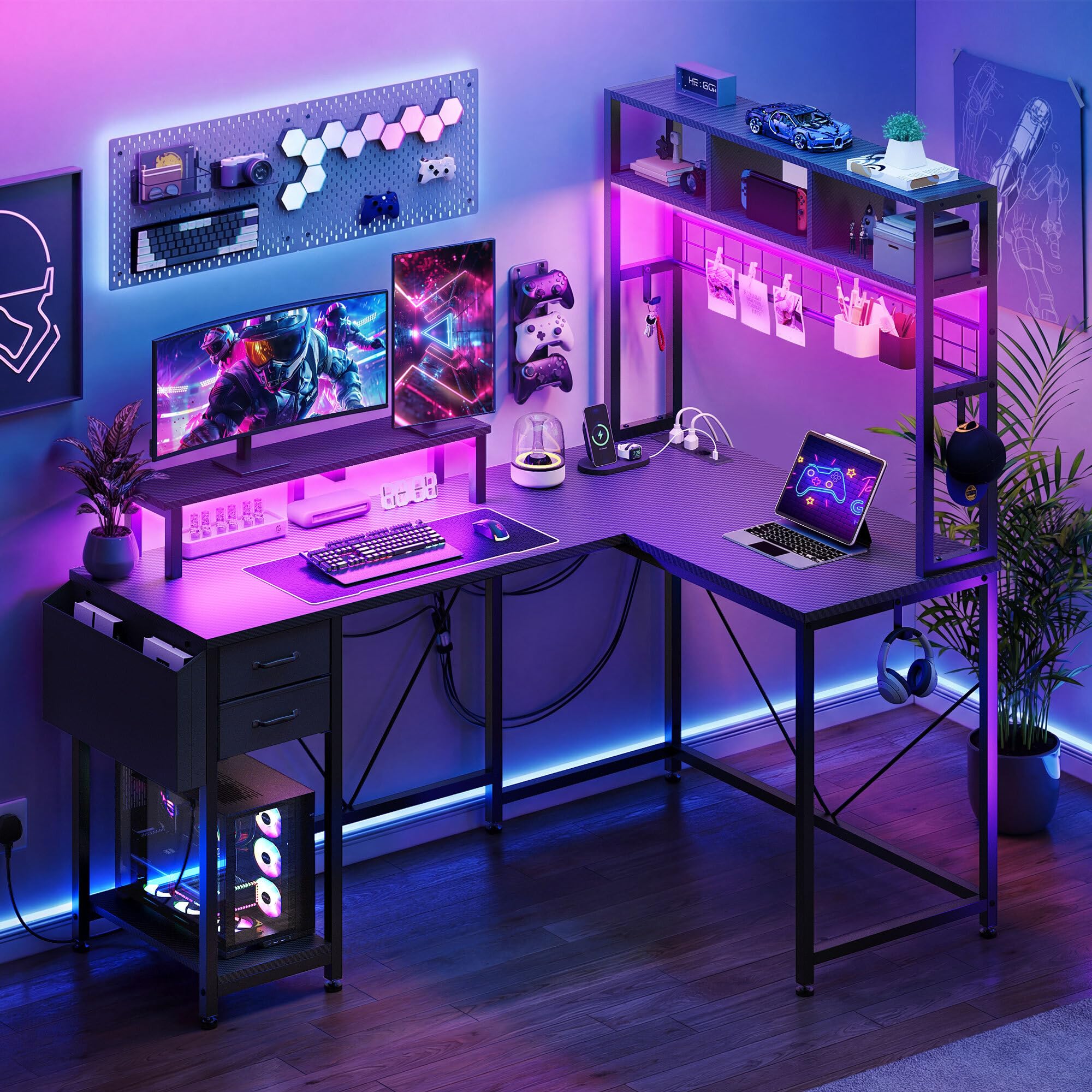 YITAHOME 150cm Gaming Tisch L Form Steckdose LED USB Schubladen Schwarz | Reversibler Eckschreibtisch, Regale, Monitorständer, RGB LED, Holzplatte Metallrahmen, Schreibtisch Home Office Studium