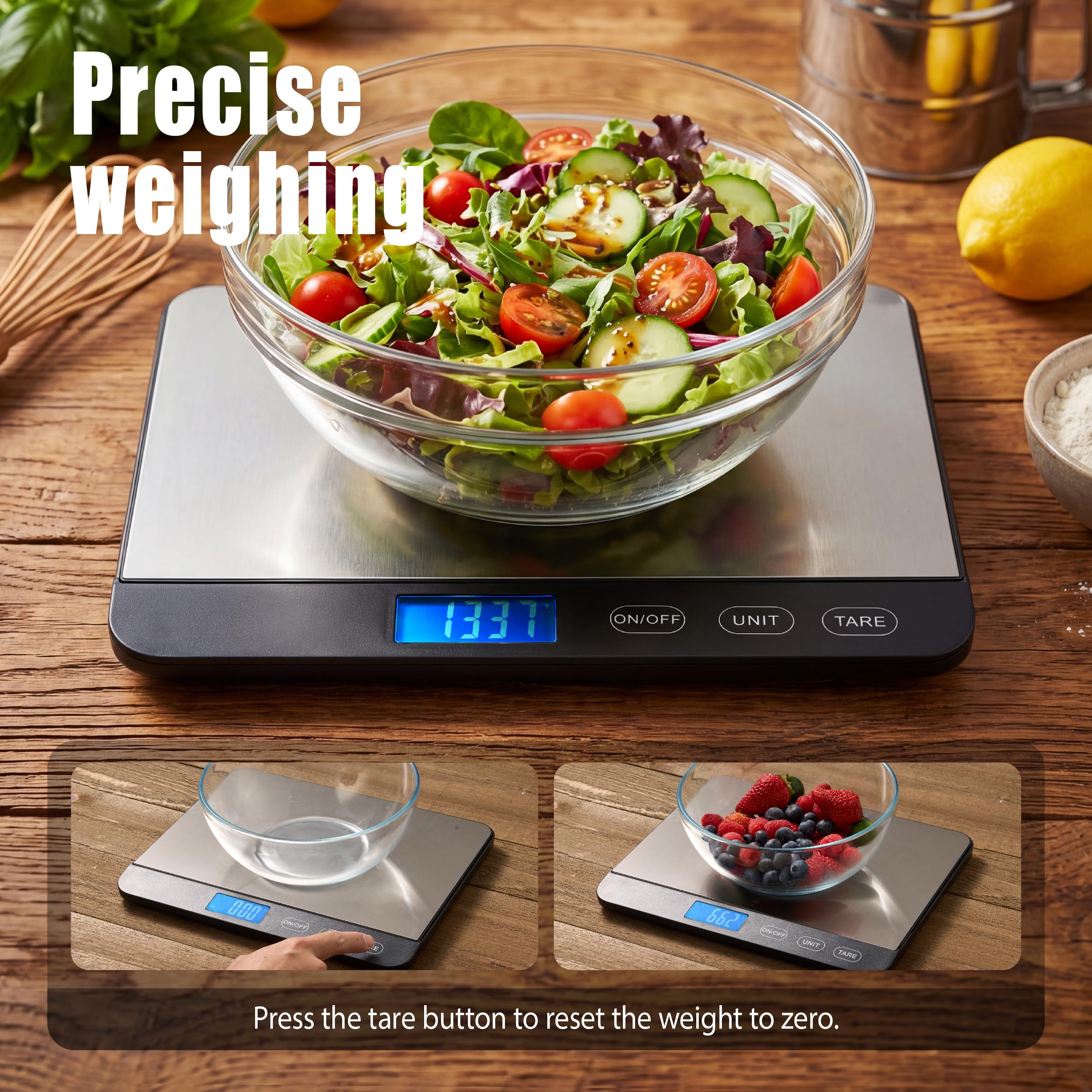 Bilancia da cucina digitale con piattaforma extra-large, 20 kg, alta precisione, acciaio inossidabile/vetro temperato, peso grammi e once per cucinare la preparazione dei pasti, 2 batterie