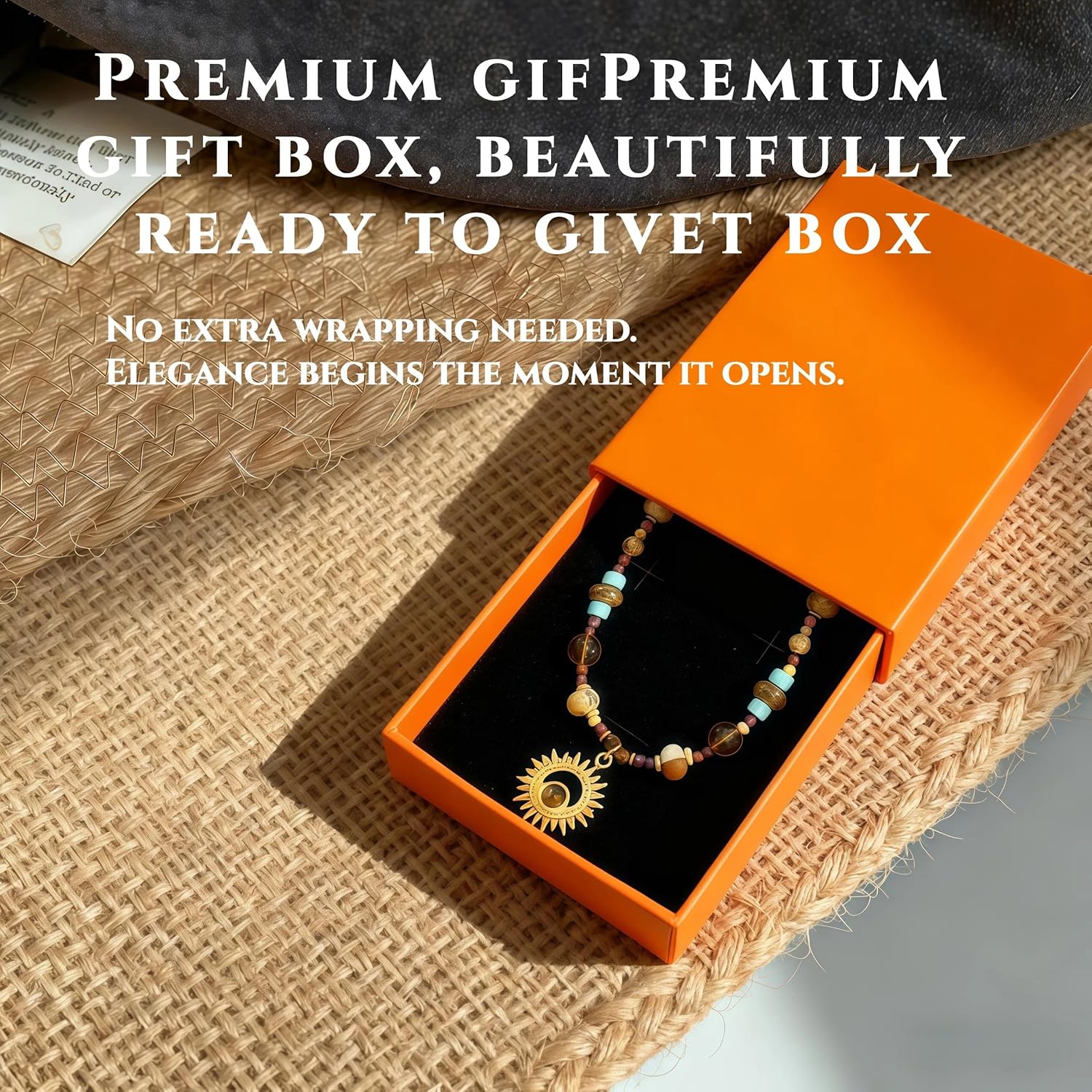 Gold Sun Pendant Beaded Necklace for Women, Handmade Stainless Steel Natural Stone Choker, Layered Bead Chain with Rice Beads and Gemstones, Vintage Boho Short Necklace Gift Box Included - Image 3