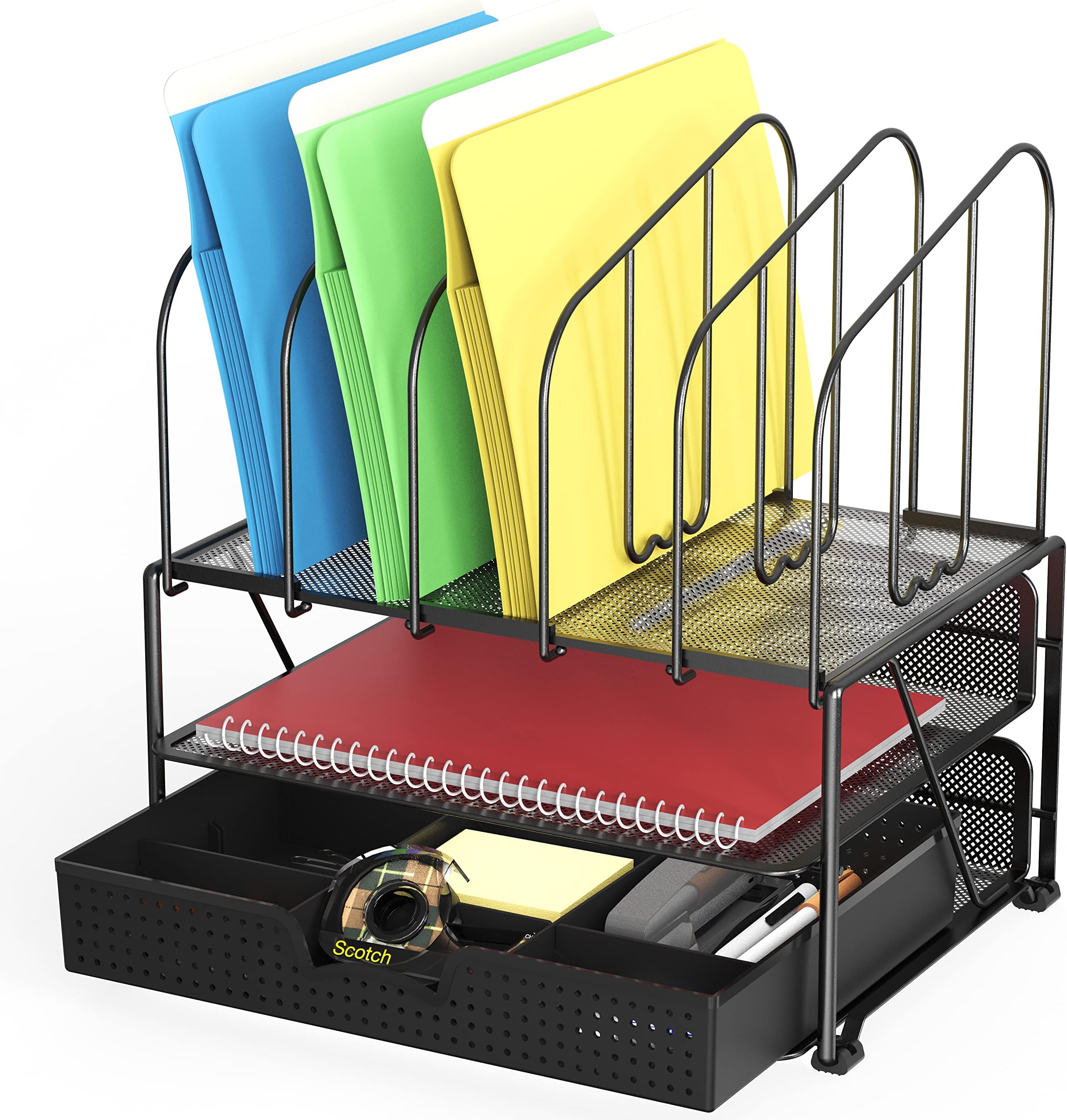 Mesh Desk Organizer with Double Tray, 5 Upright Sections and Sliding Drawer, Black
