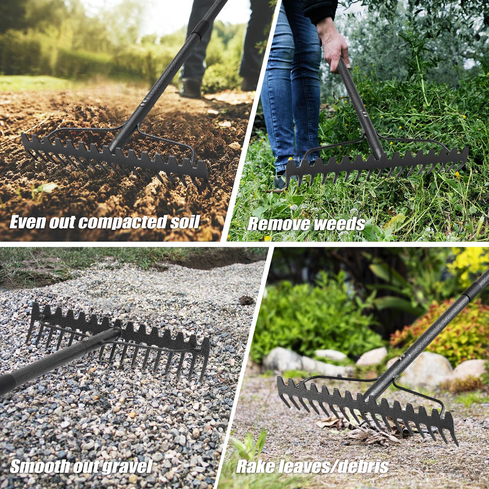 Rastrillo de jardín, rastrillo de 5 pies, rastrillo de nivelación resistente con mango ajustable, 17 dientes de cabeza ancha, rastrillo de paja de metal para jardinería, hojas, césped, patio,