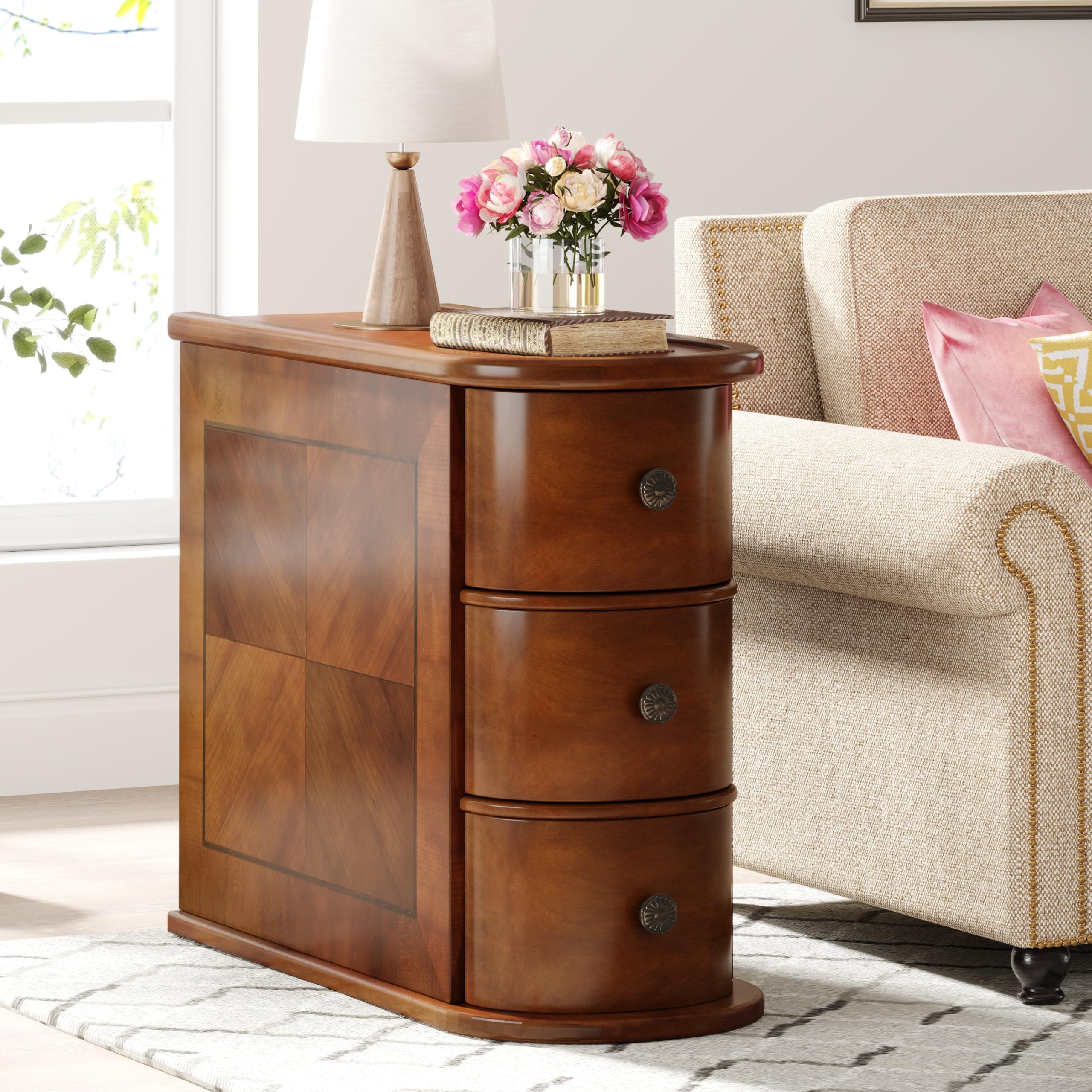 3 Drawers Wood End Table, No Assembly Required Narrow Sofa Side Table for Living Room, Vintage Slim Nightstand Bedside Table for Bedroom, Finished Back (3 Drawers, 1Pc)