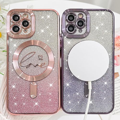 Vista 320 de Fiyart - Funda transparente magnética con purpurina para iPhone 12 para mujeres, con grabado "Love" metálico, protección para cámara y antigolpes